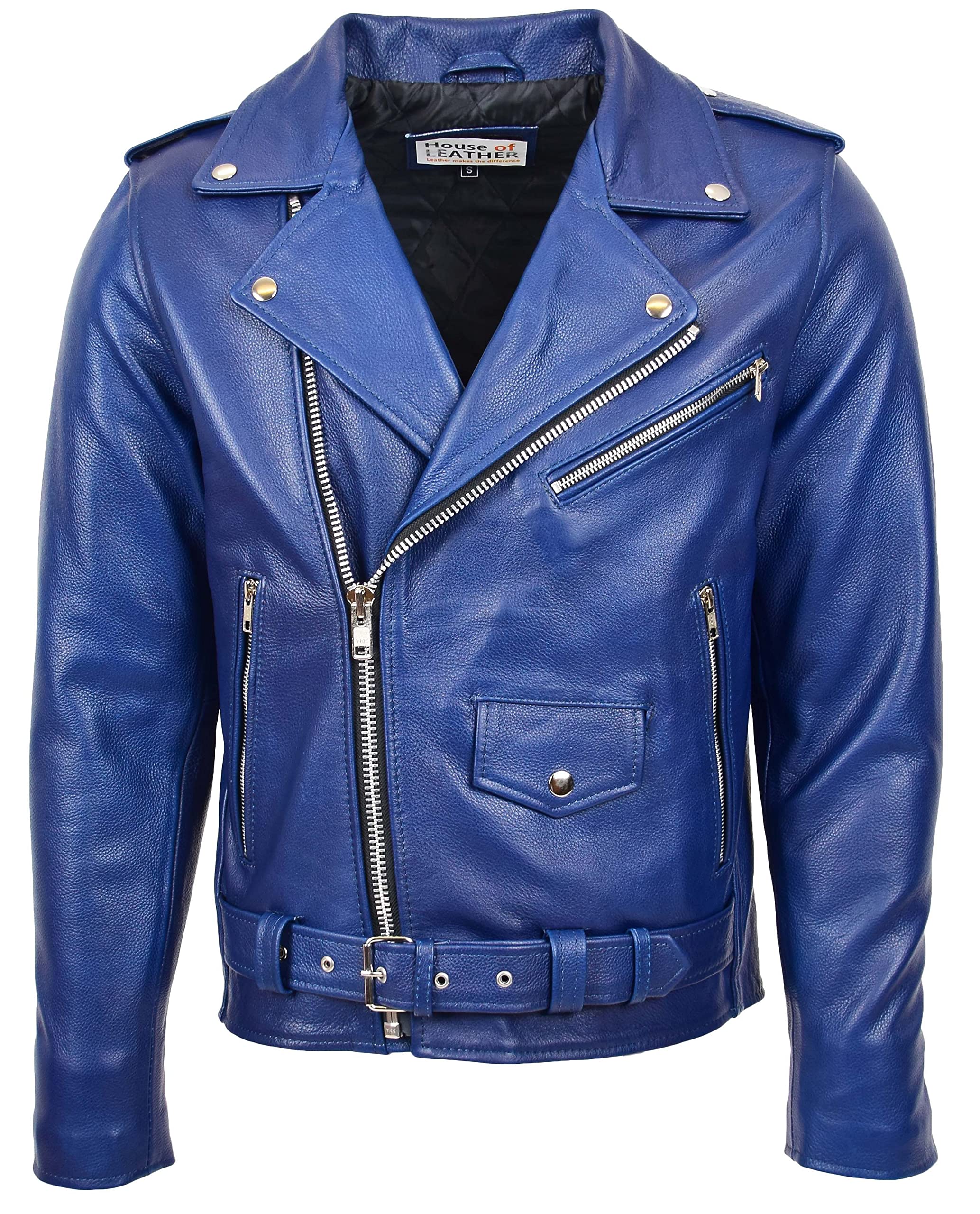Mens Real Leather Biker Jacket Cross Zip Brando Style Kyle (3XL, Blue)