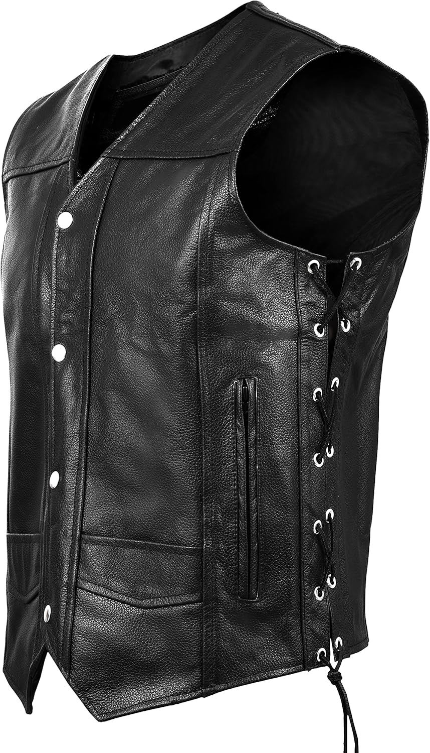 PGS Leather Motorbike Vest Club Style Motorcycle Biker Vest Side Laces Concealed Gun Pockets