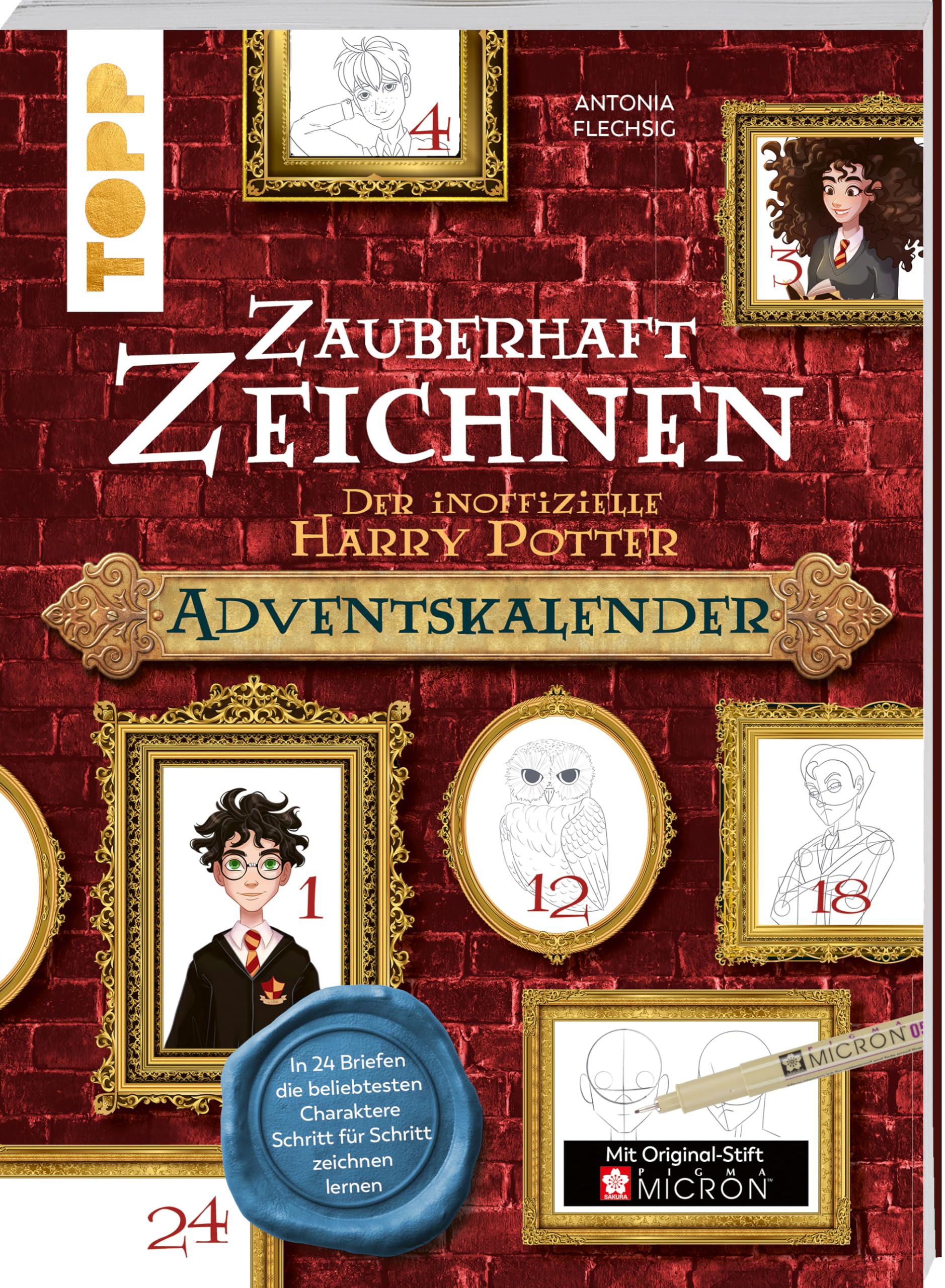 Zauberhaft Zeichnen. Der inoffizielle Harry Potter Adventskalender: Die beliebtesten Charaktere Schritt für Schritt zeichnen lernen. Mappe mit 24 Briefen und Original-Stift Pigma Micron von Sakura
