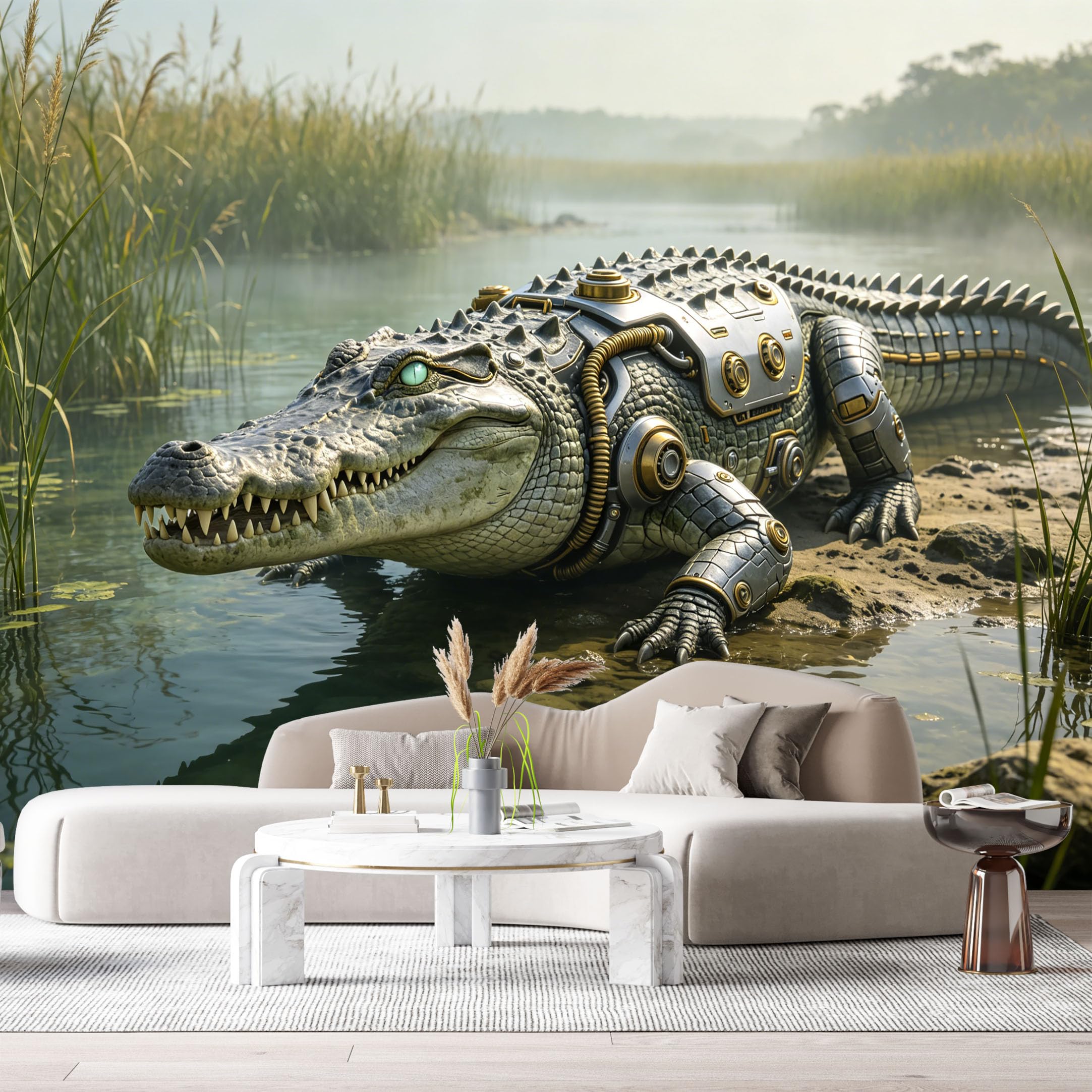 Custom Size Wall Mural Mechanical Crocodile SciFi Armor Monster Futuristic Reptile Steampunk Machine SelfAdhesive Art Prints Removable Large Wallpaper Esports Room Game Room Studio