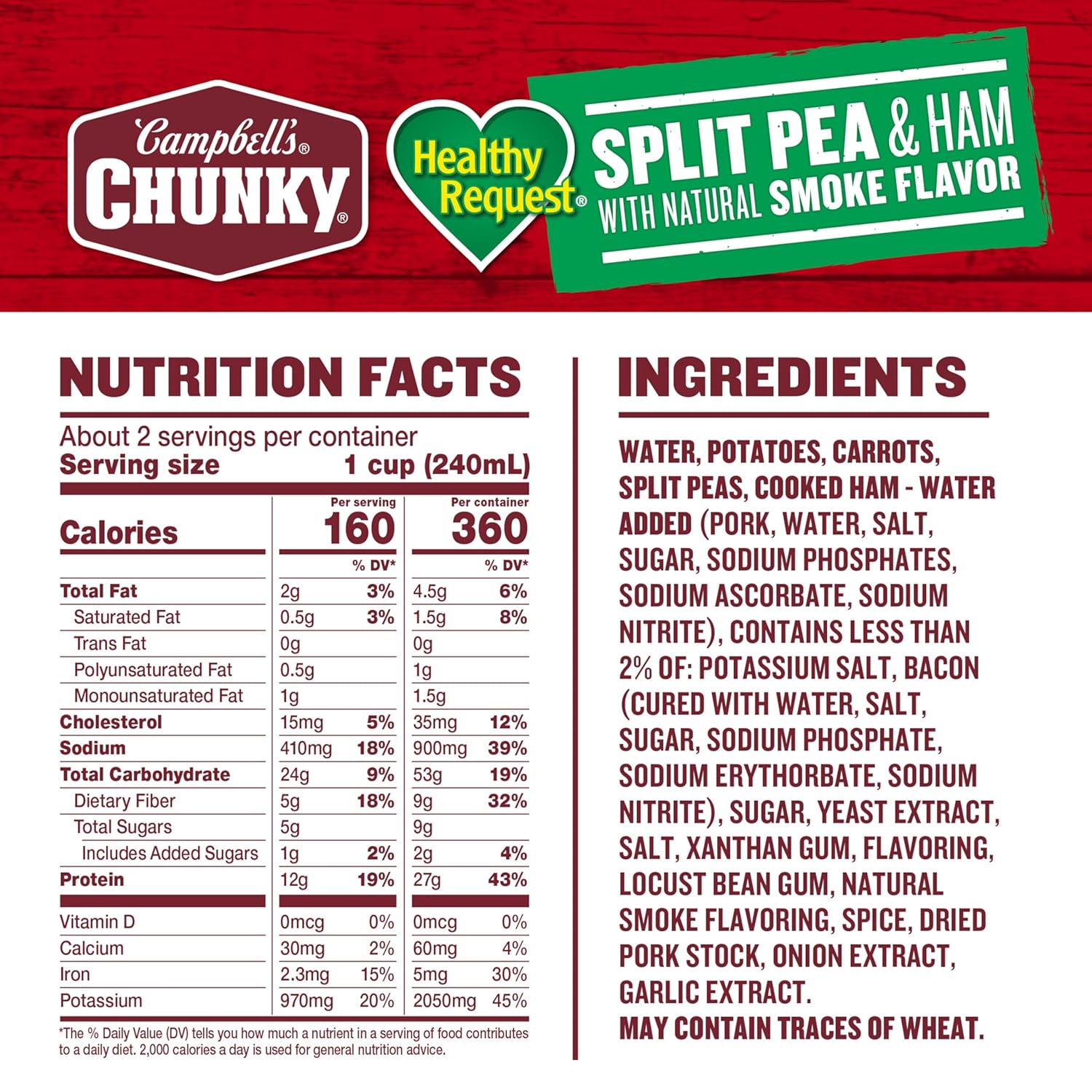 Campbell's Chunky Healthy Request Split Pea Soup With Ham and Natural Smoke Flavor, 19 oz Can (12 Pack)