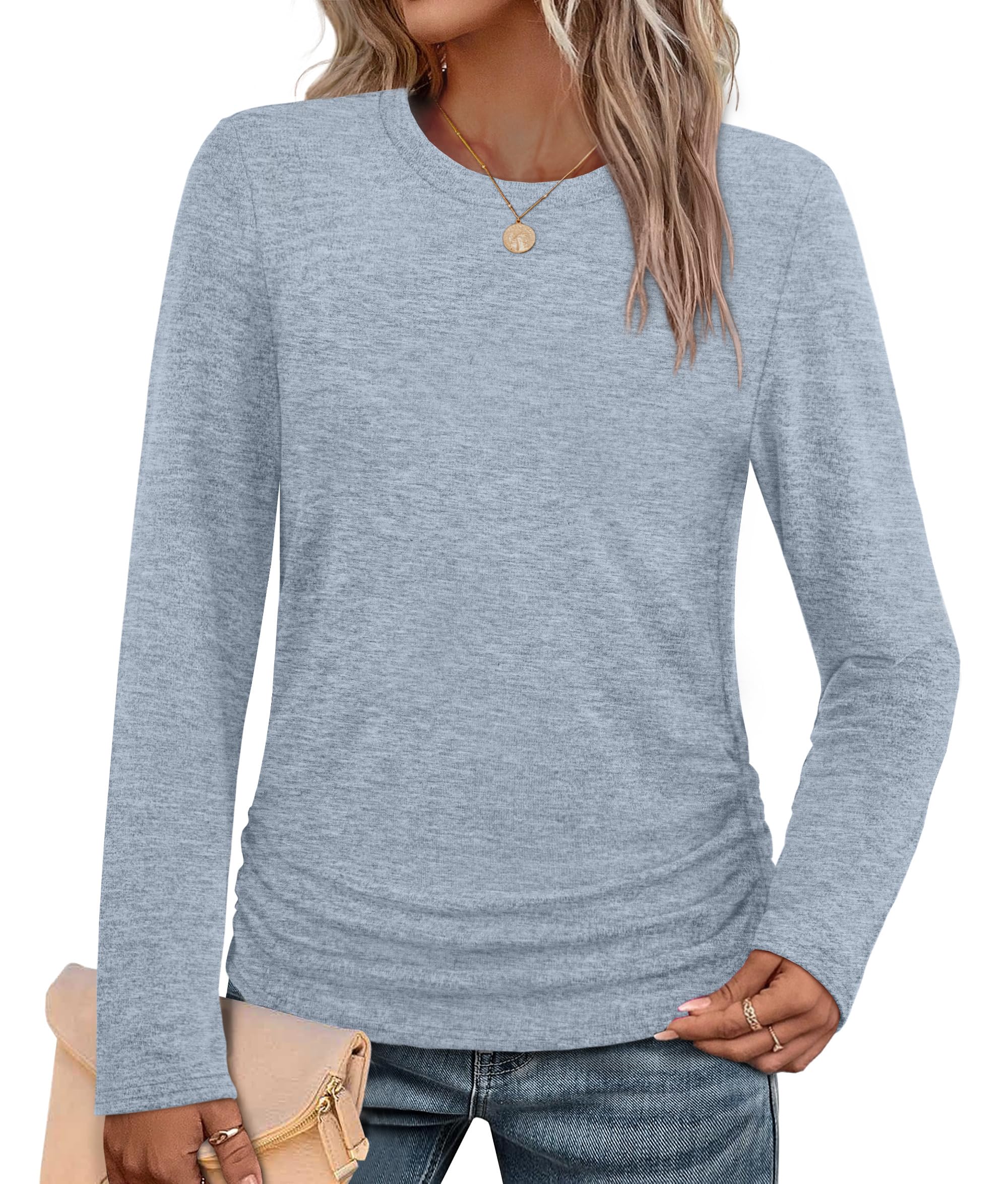 SAMPEEL Long Sleeve Shirt Women Loose Fit Fall Tunic Tops 2025 Dressy Casual Ruffled Side Sweaters