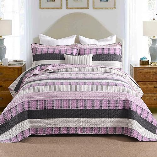 Vista 26 de Homzard - Juego de edredón de algodón a rayas, color gris, tamaño Queen, colcha reversible geométrica con 2 fundas de almohada, ropa de cama ligera