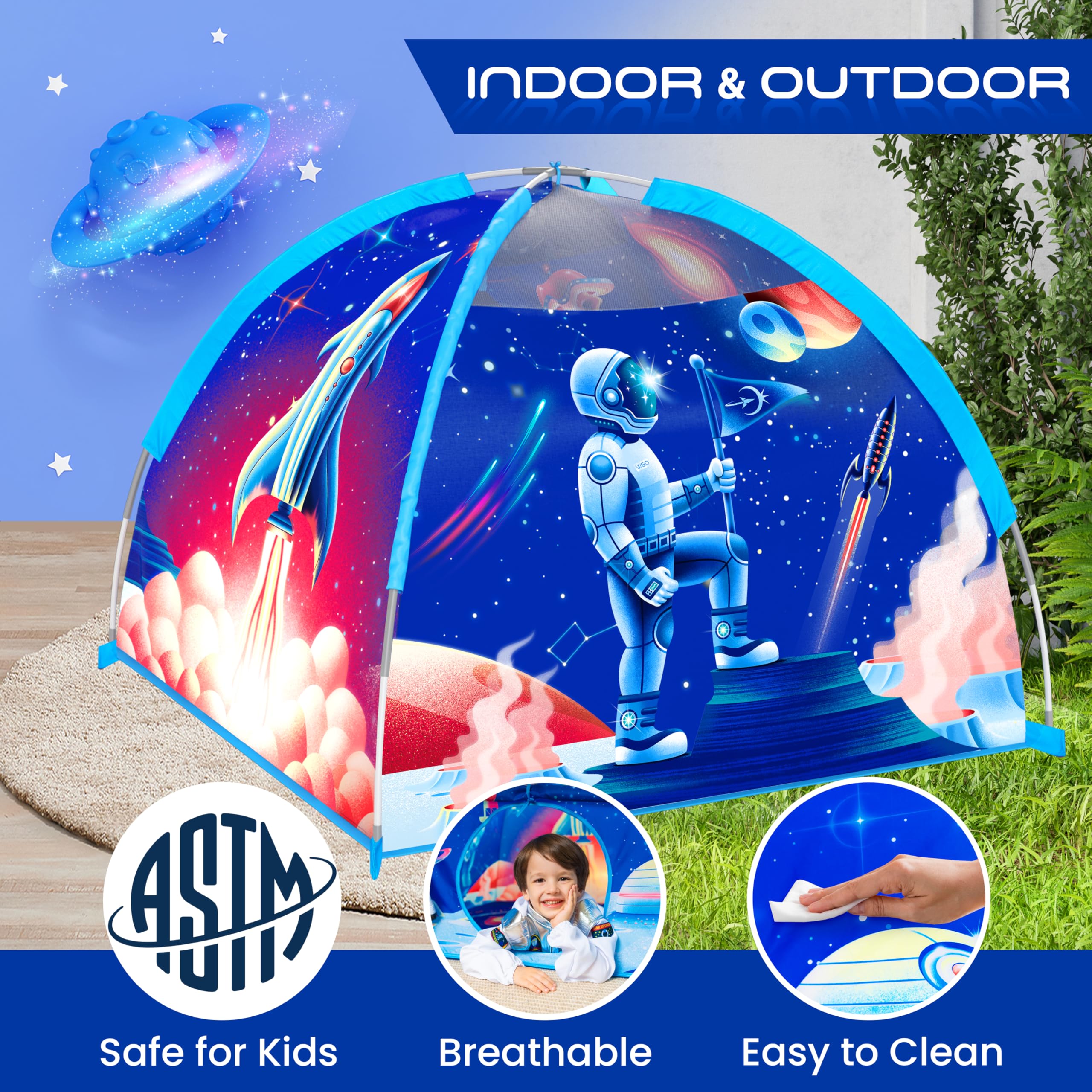 W&O Rocket Blast Super Dome - Tenda Gioco A Forma Di Razzo Con Luci LED, Suoni Spaziali E Proiettore - Premio Mom's Choice