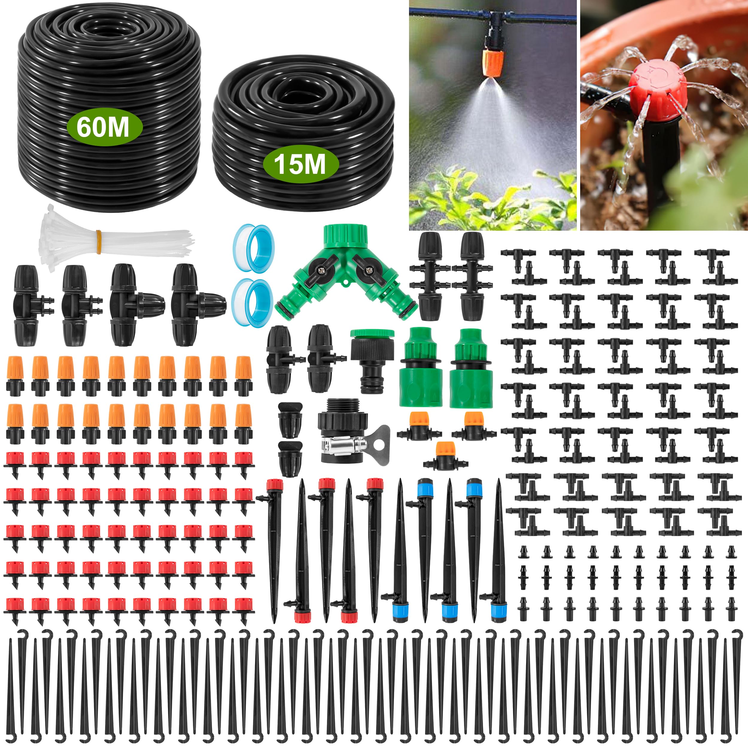 Système d'Irrigation Jardin Kit d'Irrigation Goutte 60M+15M Tuyaux d'Irrigation pour Jardin Pelouse Serre Plantes Paysage 312pcs