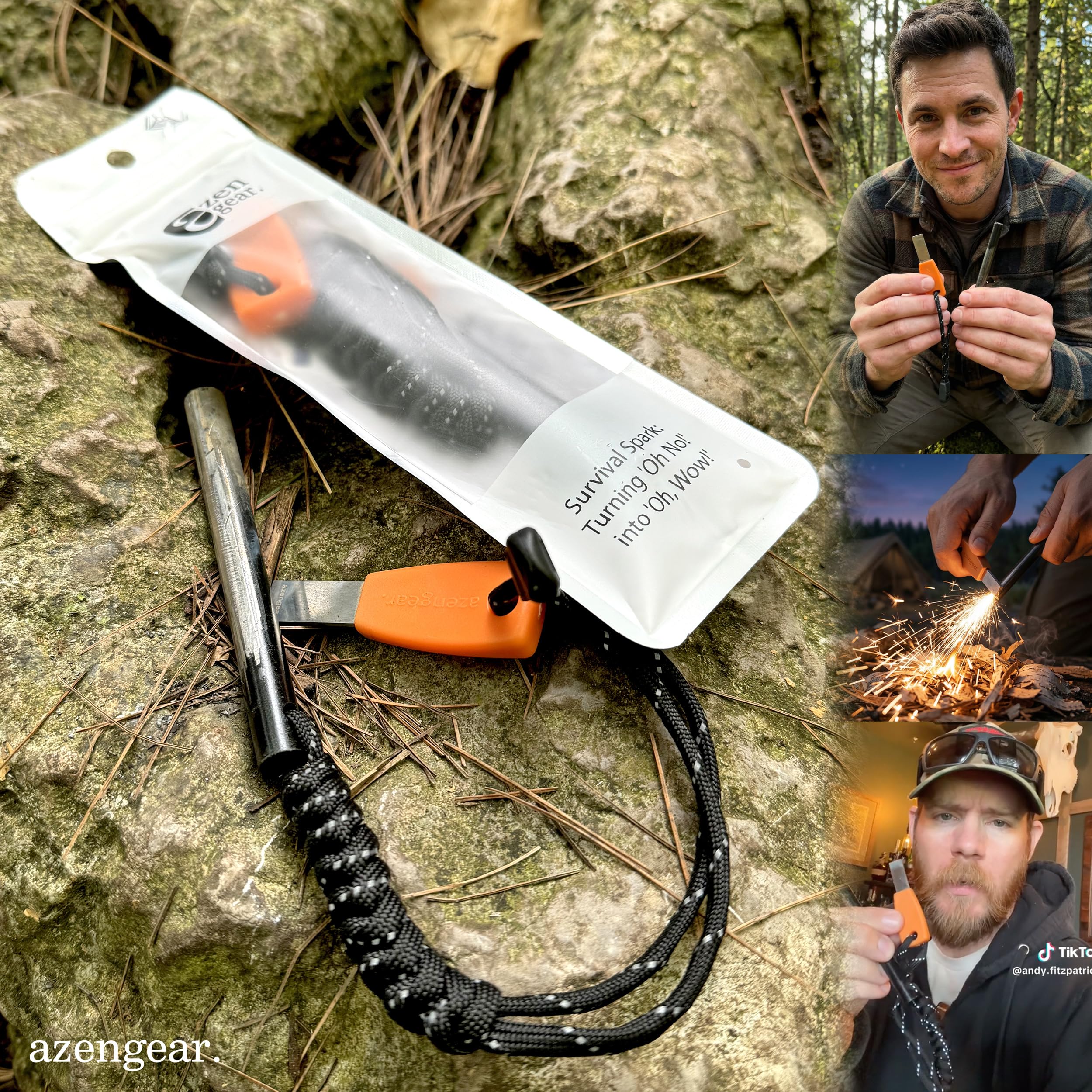 aZengear Encendedor de Fuego Ferrocerio XXL ⌀10 mm con Rascador de Acero HSS y Paracord Fluorescente Firesteel Bushcraft