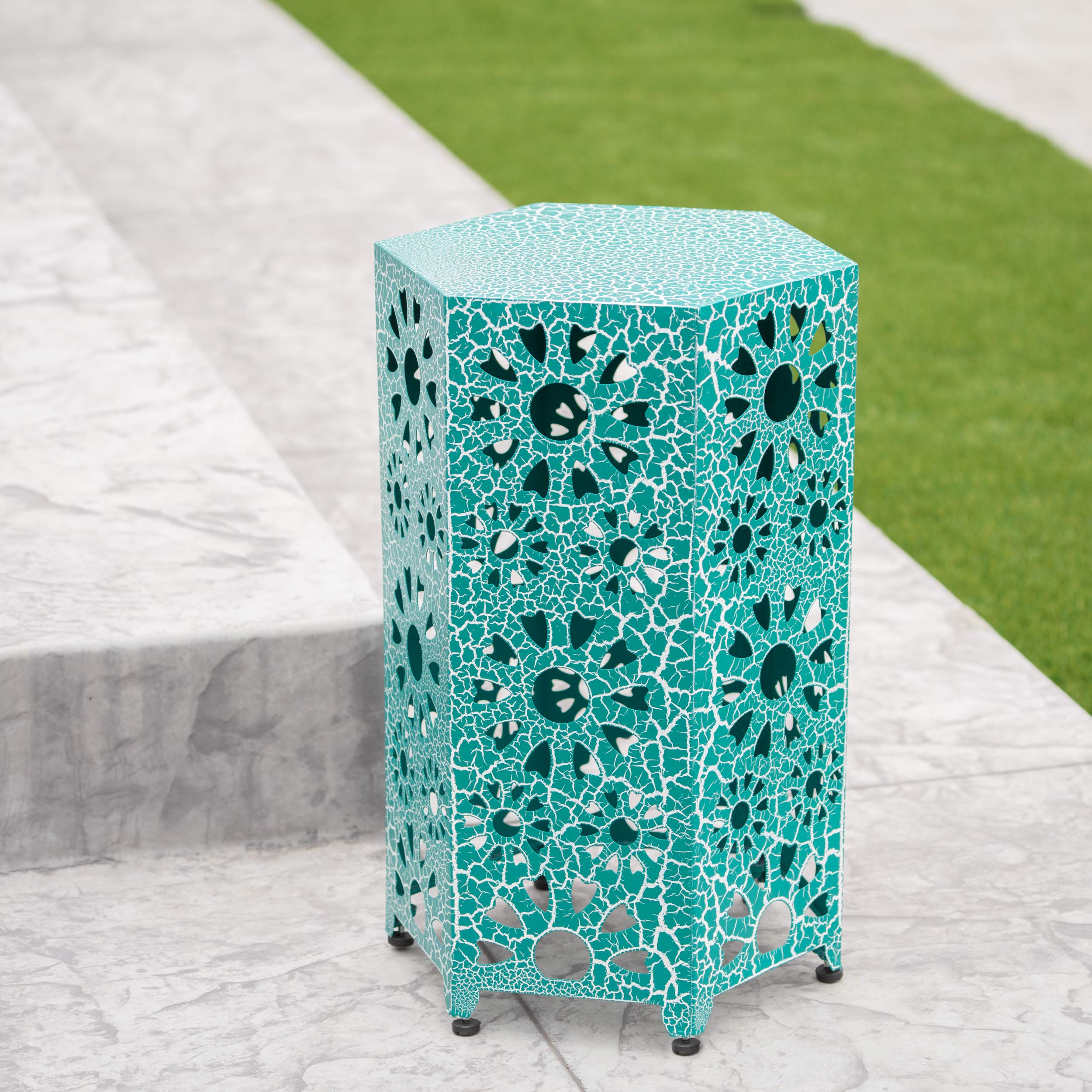 Eliana Outdoor 14" Sunburst Iron Side Table, Crackle Teal