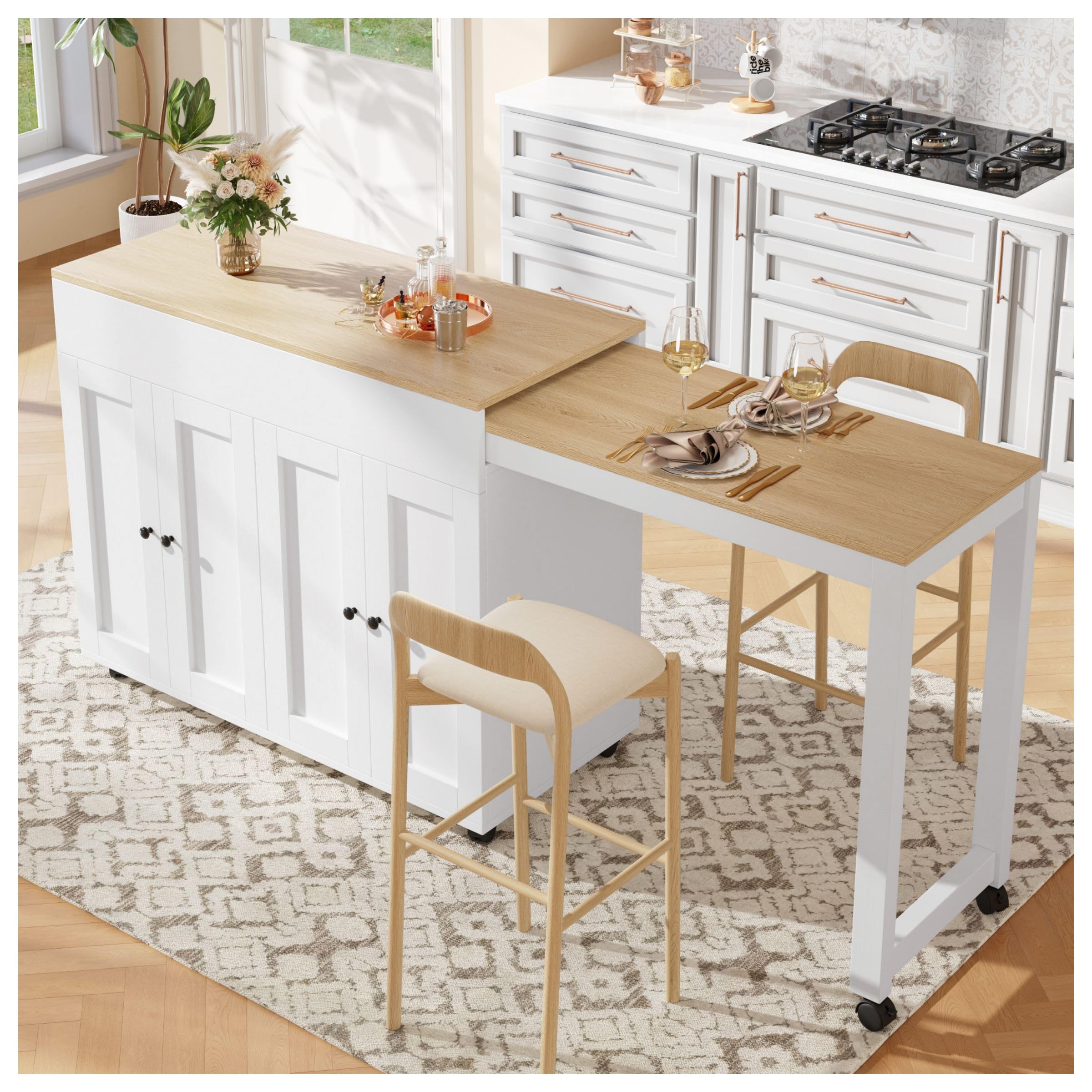 Mesa de bar extensible (118-180×50×94cm), isla de cocina extensible con espacio de almacenamiento, con seis estantes, mesa de bar, para comedor, para usar como divisor, color blanco