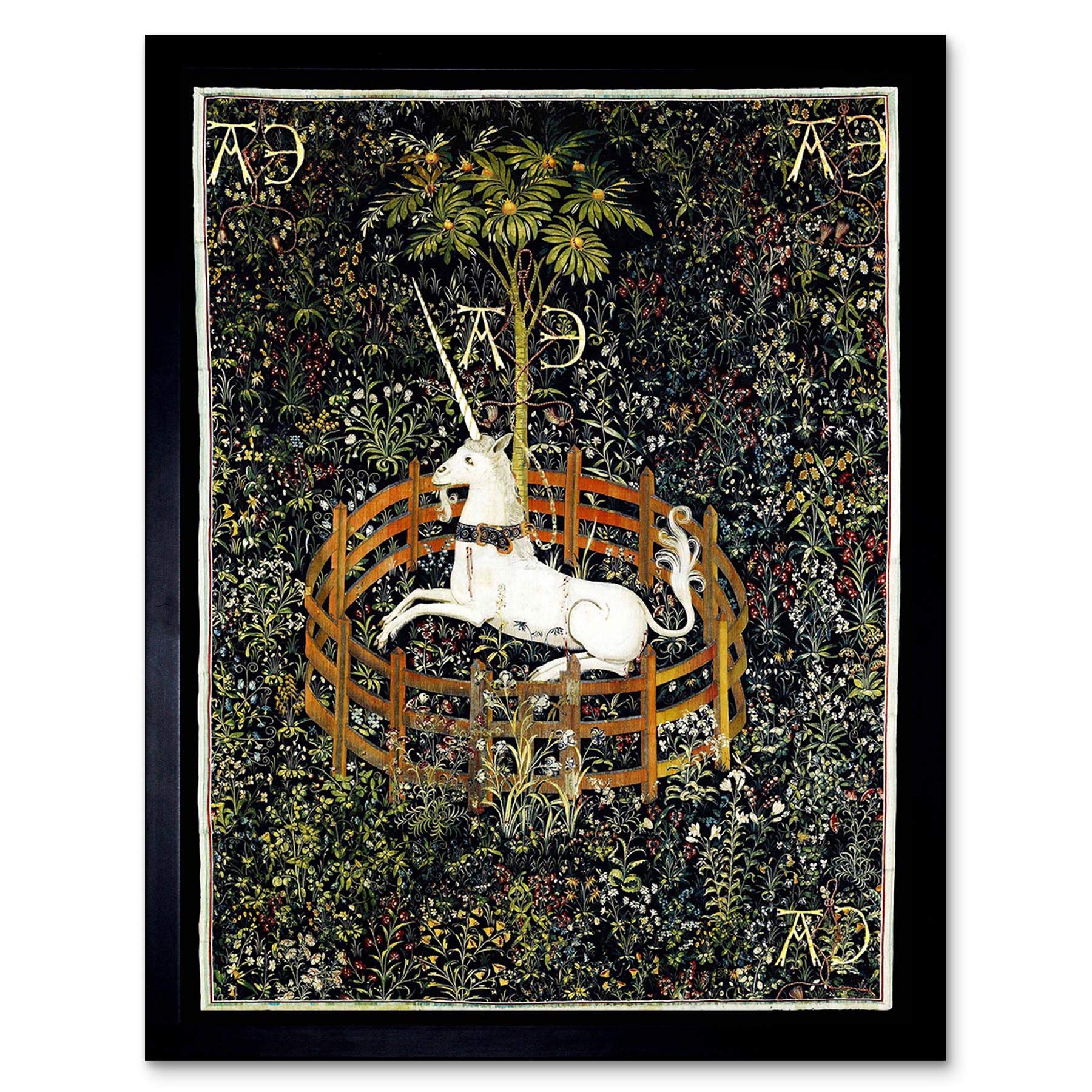 Wee Blue Coo Painting Medieval Tapestry Unknown Hunt Unicorn Captivity Art Print Framed Poster Wall Decor 12X16 Inch
