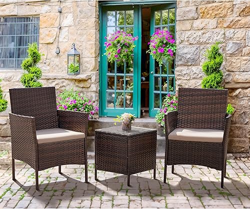 Miniatura 4 de Flamaker Juego de muebles de patio de 3 piezas de ratán para todo tipo de clima, sillas de patio con mesa de vidrio templado para porche, bistró y