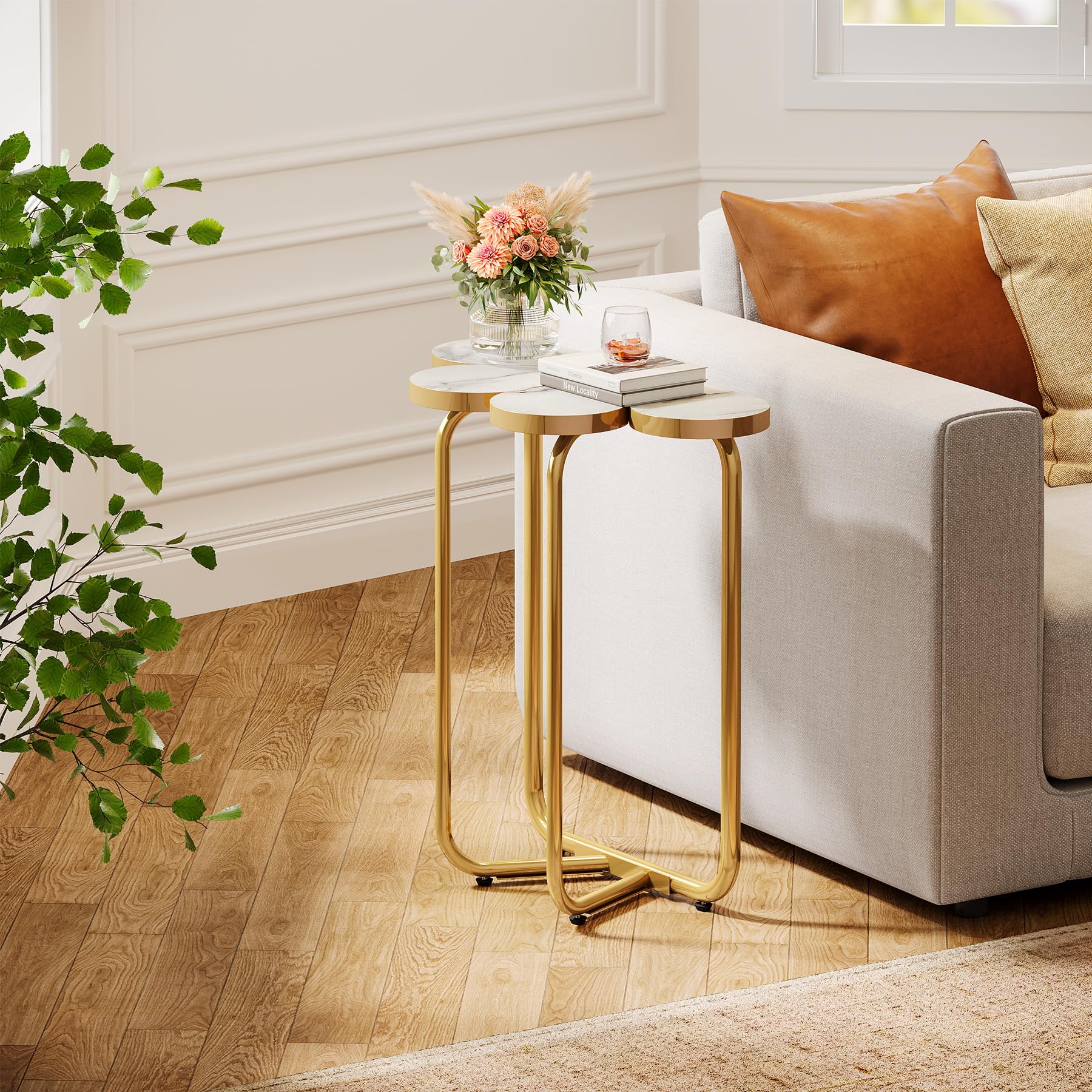 Tribesigns Narrow Side Table, Half-Flower Accent Side Table with Stylish Gold Frame, White and Gold End Tables, 26-Inch Tall Faux Marble Nightstand for Bedroom