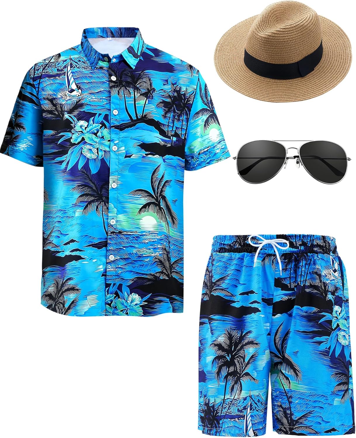 Mepase 4 Pcs Men's Hawaiian Outfit Hawaiian Short Sleeved Shirt and Shorts Set with Sunglasses Straw Hat for Men Beach