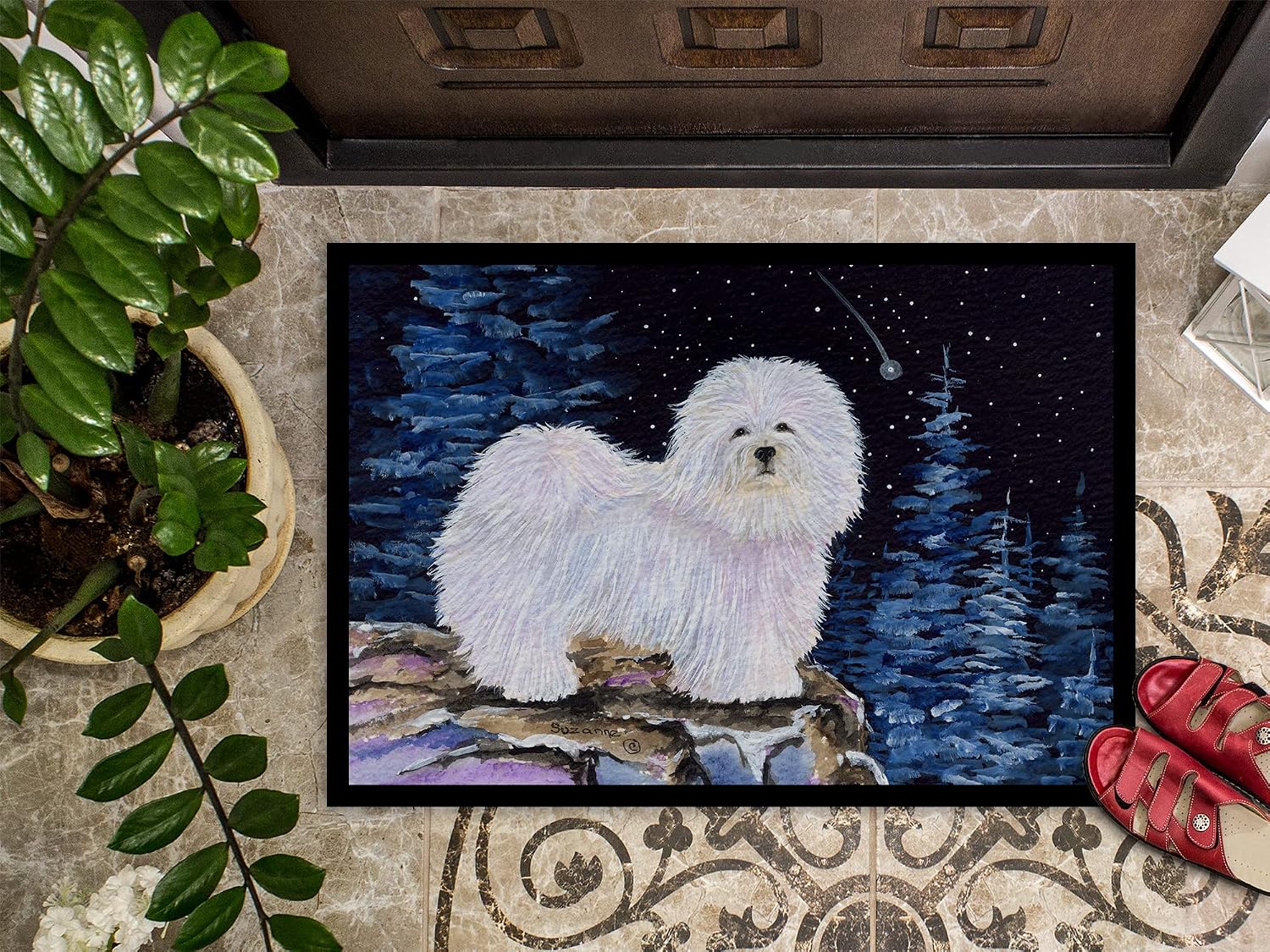 Caroline's Treasures SS8437MAT Starry Night Coton de Tulear Doormat 18x27 Front Door Mat Indoor Outdoor Rugs for Entryway, Non Slip Washable Low Pile, 18H X 27W