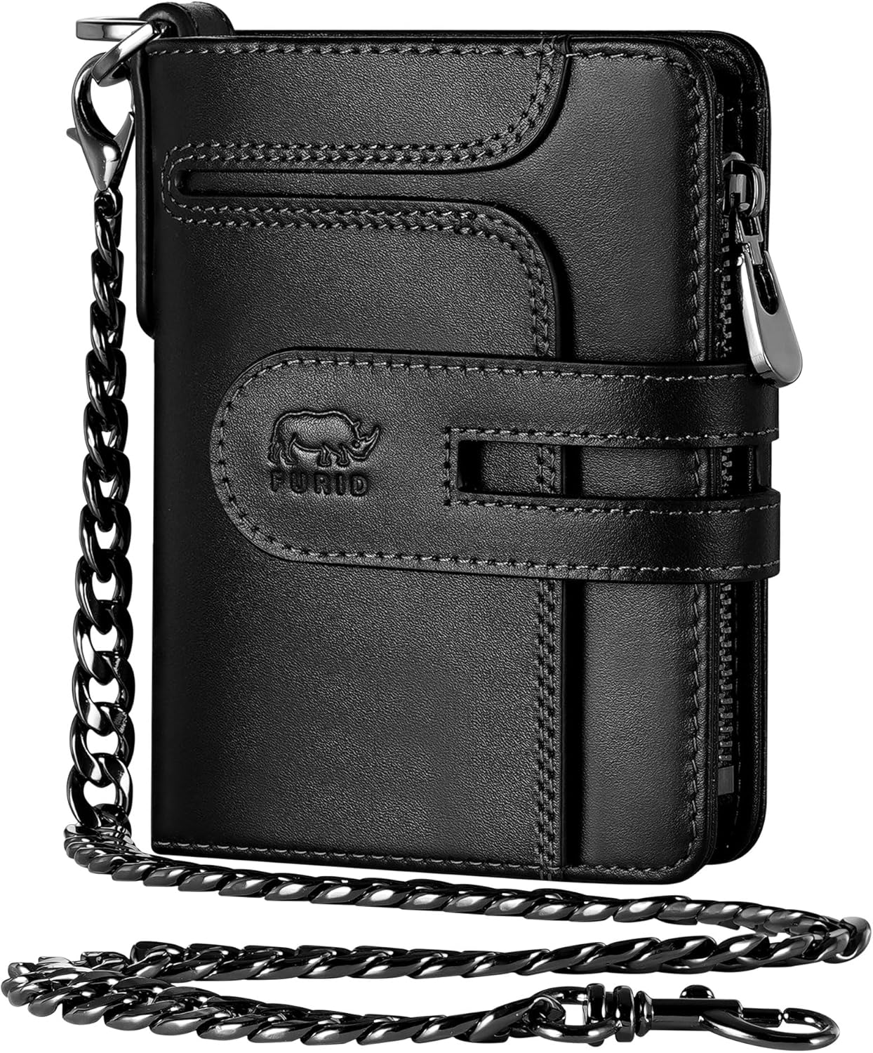 furid Genuine Leather Chain Wallet: RFID Blocking Men's Wallet with Anti-Theft Chain - Bifold Zipper Coin Pocket Holds 15+ Cards - Gift for Young Men on Birthday Anniversary for Motorcycle Riding