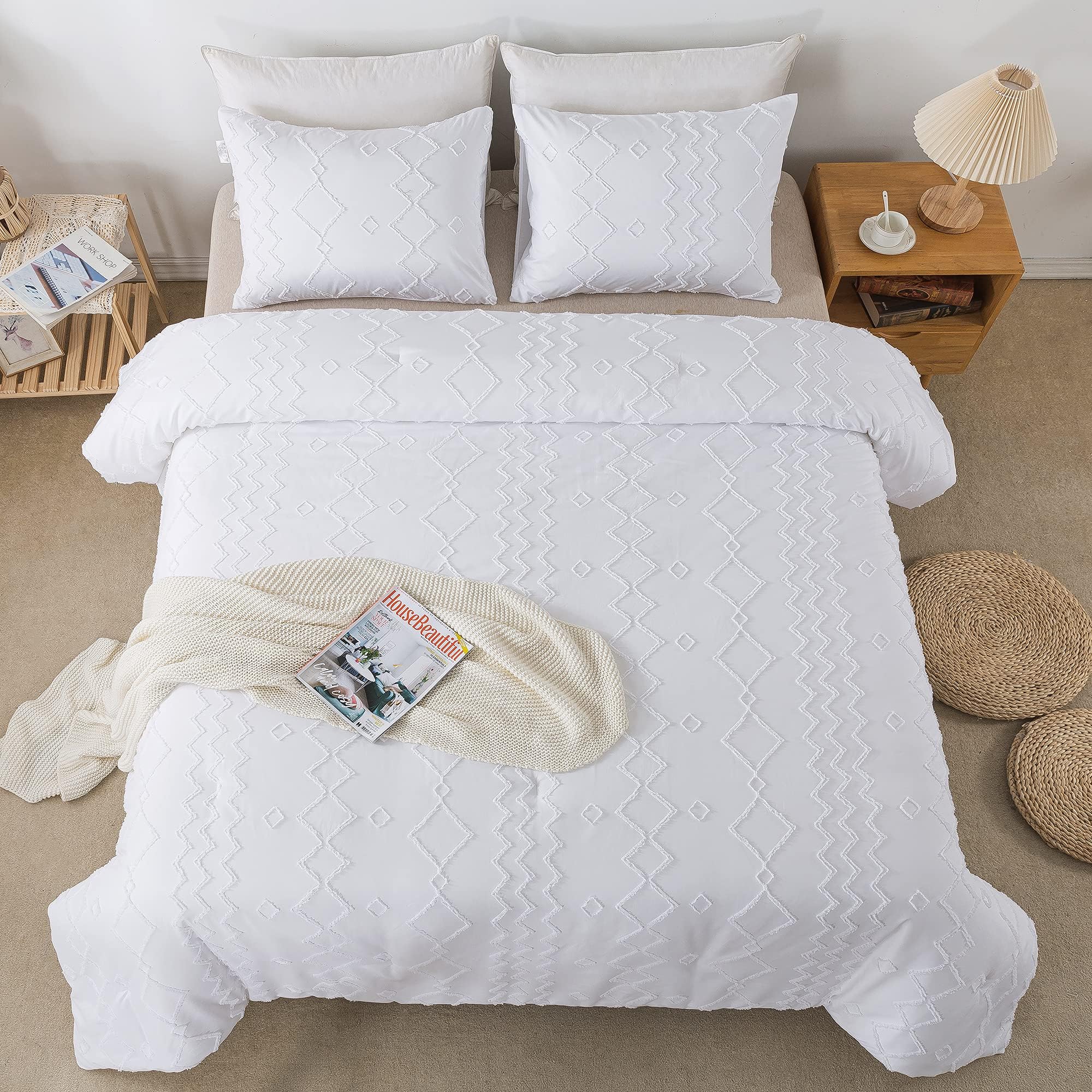 White Full Size Comforter Set, 3 Pieces Boho Textured Fall Farmhouse Bed, Microfiber Geometric Comforter Bedding Set (79x90In Comforter & 2 Pillowcases)