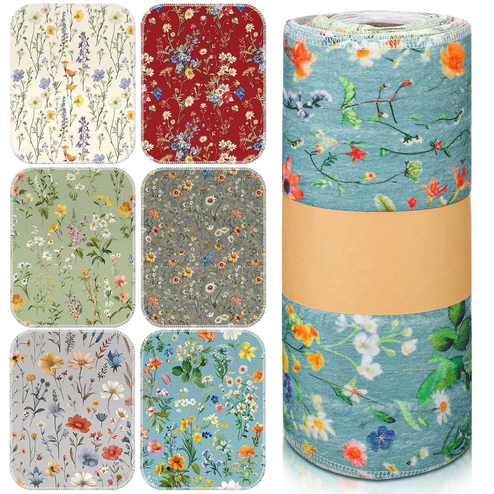 Redbaker 36 Pcs Reusable Paper Towels Rolls Kitchen Towels Bulk Washable Paperless Cloth Cotton Hand Napkins with Cardboard Reusable Napkins for Kitchen Bathroom (Flower Style)