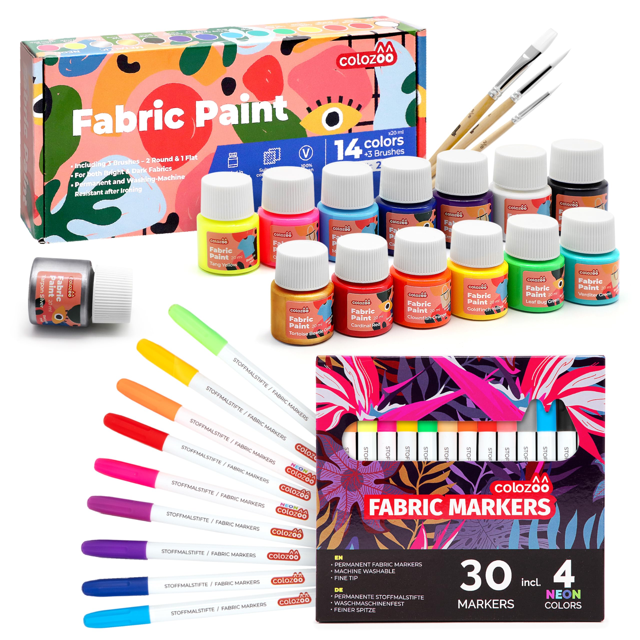 colozoo Textilfarbe & Textilstifte Set für Kinder & Hobby-Künstler | 44-teiliges Stoffmalfarben Bundle Waschmaschinenfest inkl. Neon & Metallic Farben