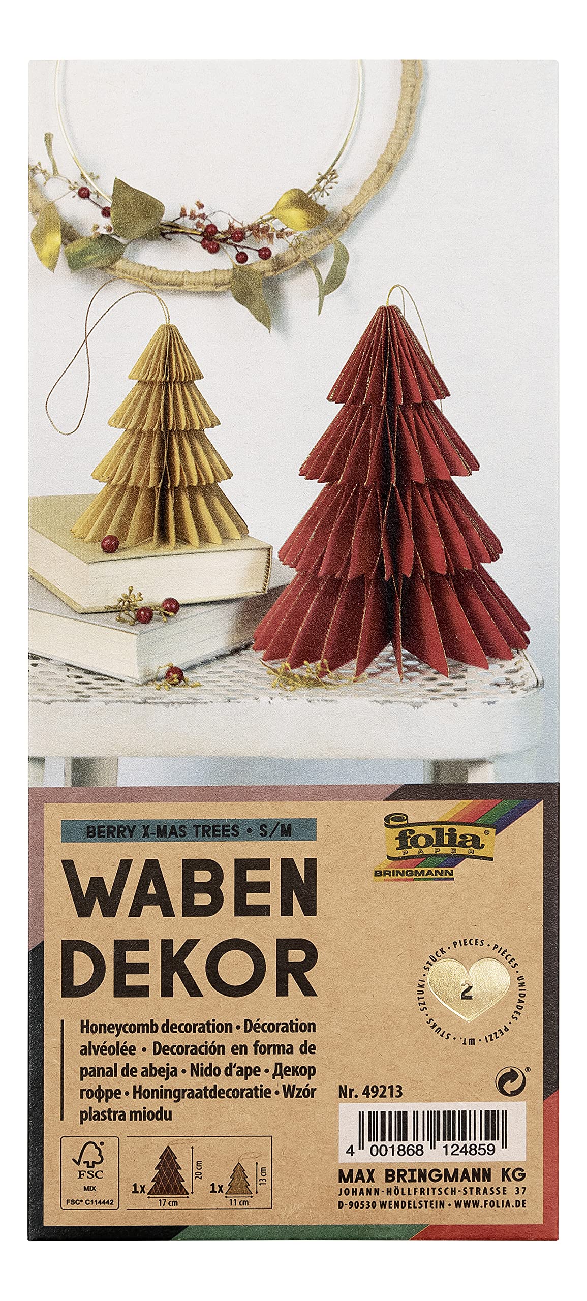 folia 49213 Honeycomb Decoration Berry Xmas Trees Set of 2 Height Approx. 20 and 13 cm Foldable Christmas Decoration for Indoor Use Red/Beige S/M
