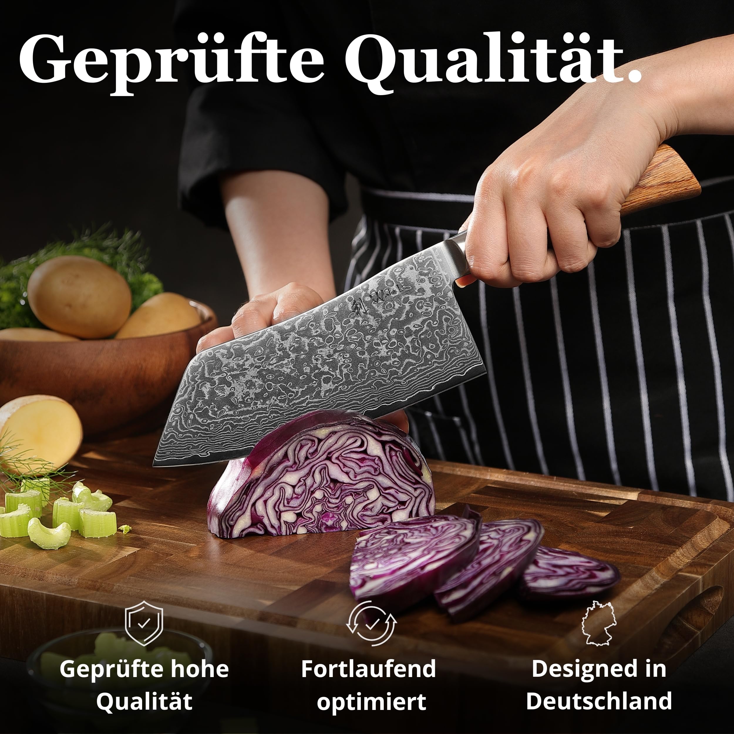 Wakoli EDIB Pro Chai Dao Messer, 17 cm Klinge aus Damaststahl mit VG10 Kern | 67 Lagen, 60 ± 2 HRC, 32 cm Gesamtlänge, Pakkaholzgriff und Geschenkbox; für Fleisch, Gemüse und Kräuter, nicht für Knochen