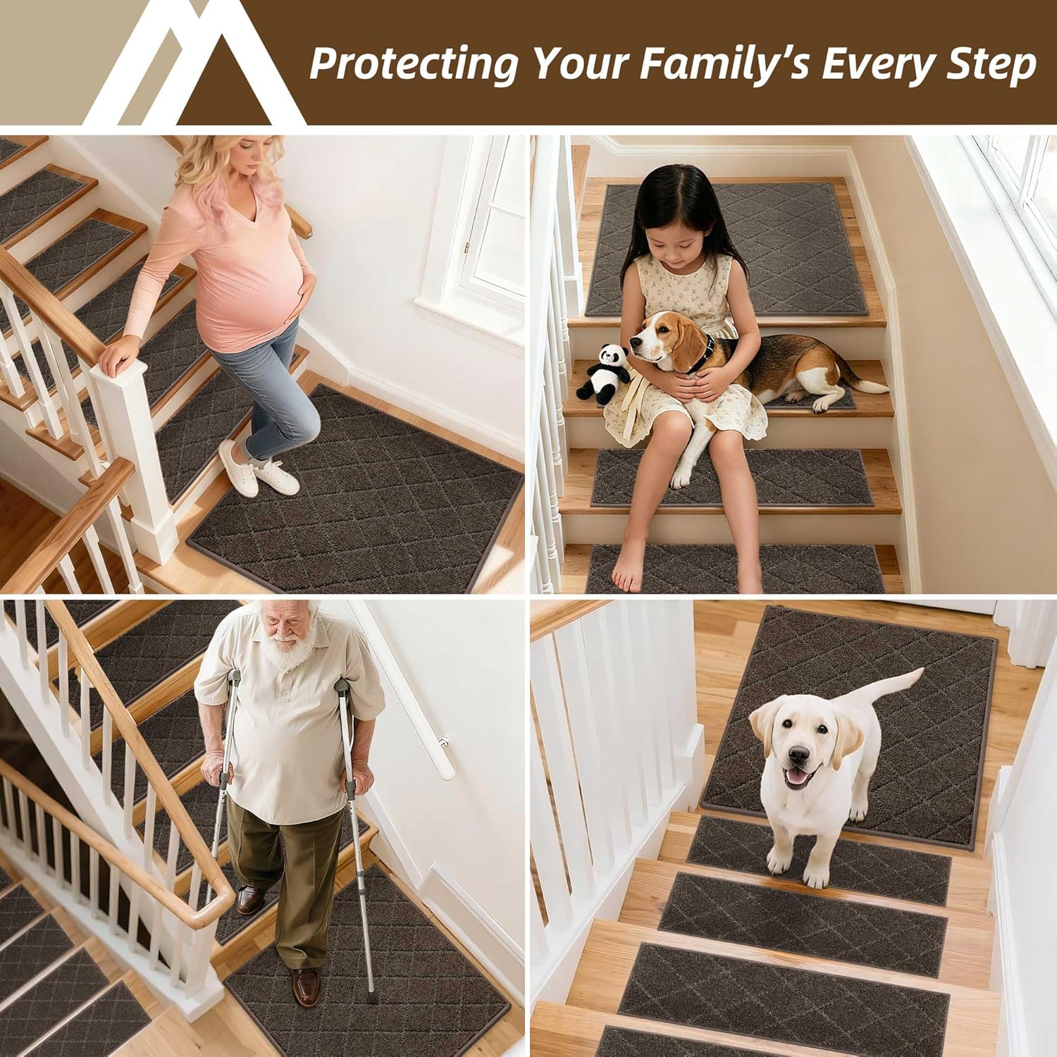 COSY HOMEER Edging Stair Treads Non-Slip Corner Indoor Stair Runners for Wooden Steps,Landing Slip Resistant Stair Rugs Mat for Kids and Dogs,100% Polyester TPE Backing,Brown,30x30 inch