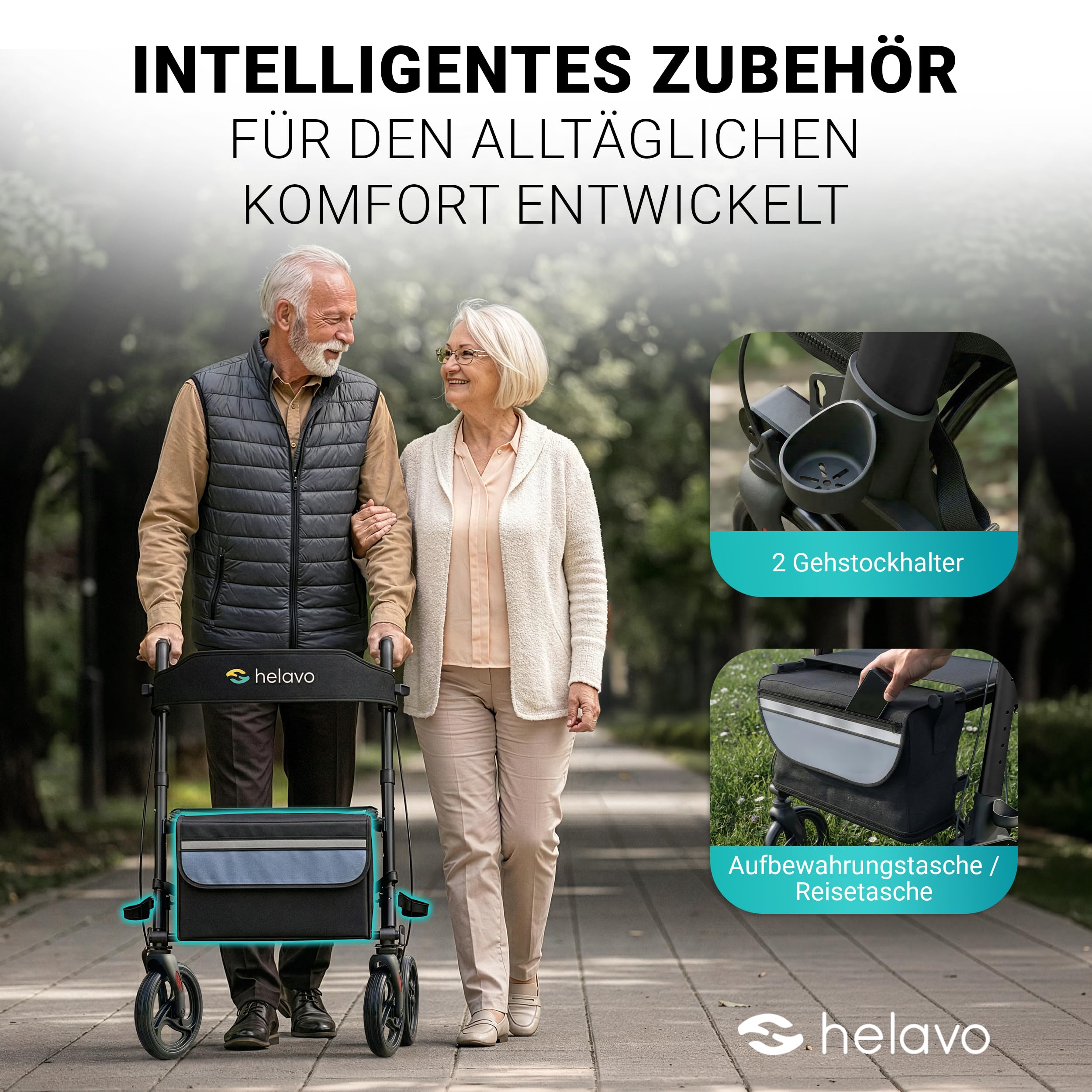 Helavo faltbarer Rollator mit Sitz - Leicht & Kompakt für Drinnen & Draußen | Kompakt zusammenklappbarer Aluminium-Rollator mit Transporttasche - Nur 8,3 kg leicht - Höhenverstellbare Griffe