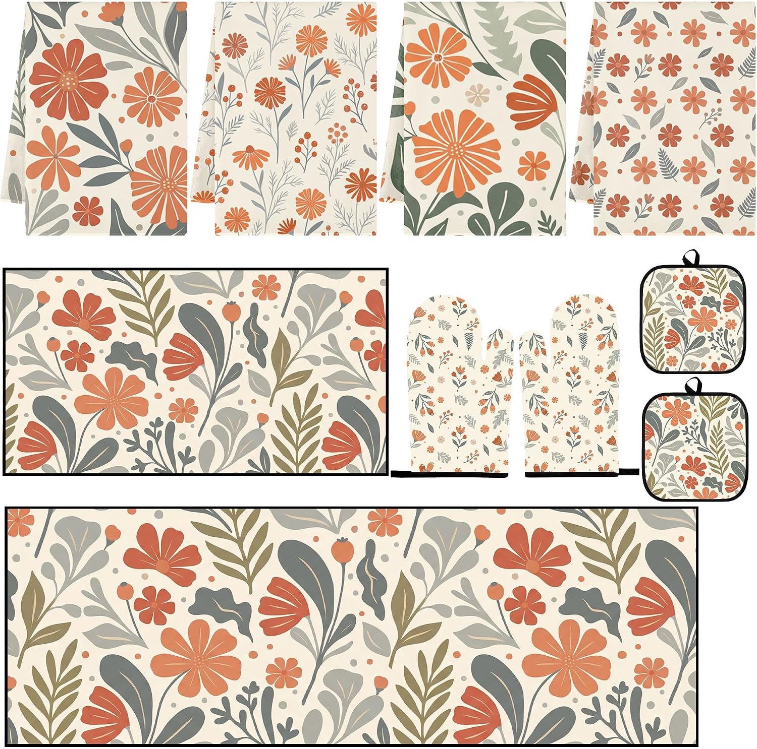 10 Pcs Kitchen Decor and Accessories Set, Floral Orange | Farmhouse Wildflower 4 Dish Towels Kitchen Rugs 2 Oven Mitts 2 Pot Holders, Home Decor for Cooking Baking BBQ Housewarming