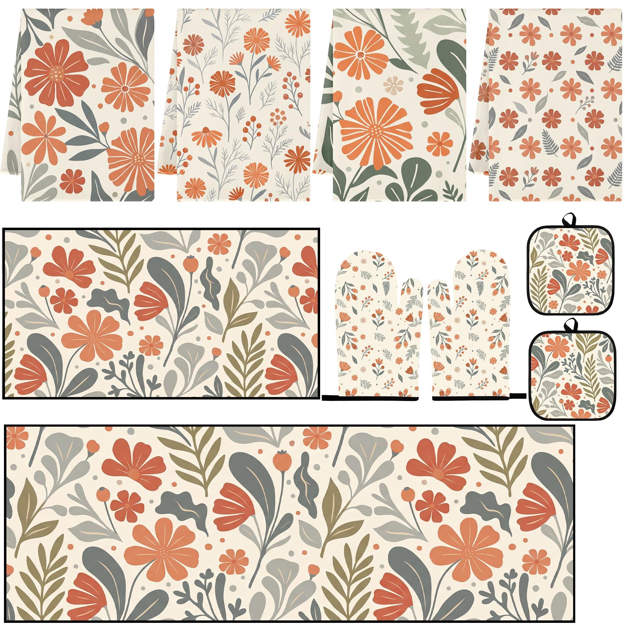 Guantes de horno y alfombras de cocina florales contra quemaduras y resbalones