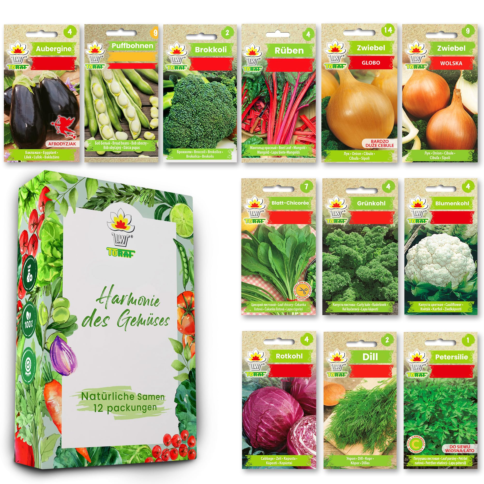Gemüse Samen Set 5x 12 Premium Sorten Gemüse, Saatgut für Gewächshaus, Garten, Balkon, Küche, Hochbeet, Brokkoli, Zwiebel, Blumenkohl, Dill, Petersilie, Anzuchtset Samen Gemüse Pflanzen