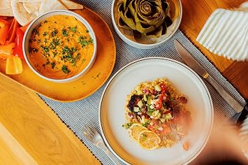 Bloomhouse - Two Time Oprah's Favorite Things Winner - Santorini Mist Double Bowl Terracotta Reactive Glaze Plates and Bowls Dinnerware Set - Moonstone White, Service for Four (16pcs)