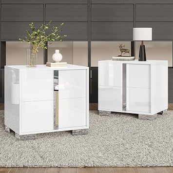 AMERLIFE Modern Nightstand Set of 2, 23.6" End Table with 2 Drawers, White | Bedside Table for Bedroom, High Gloss UV Finish, Electroplated Pull Handle & Legs