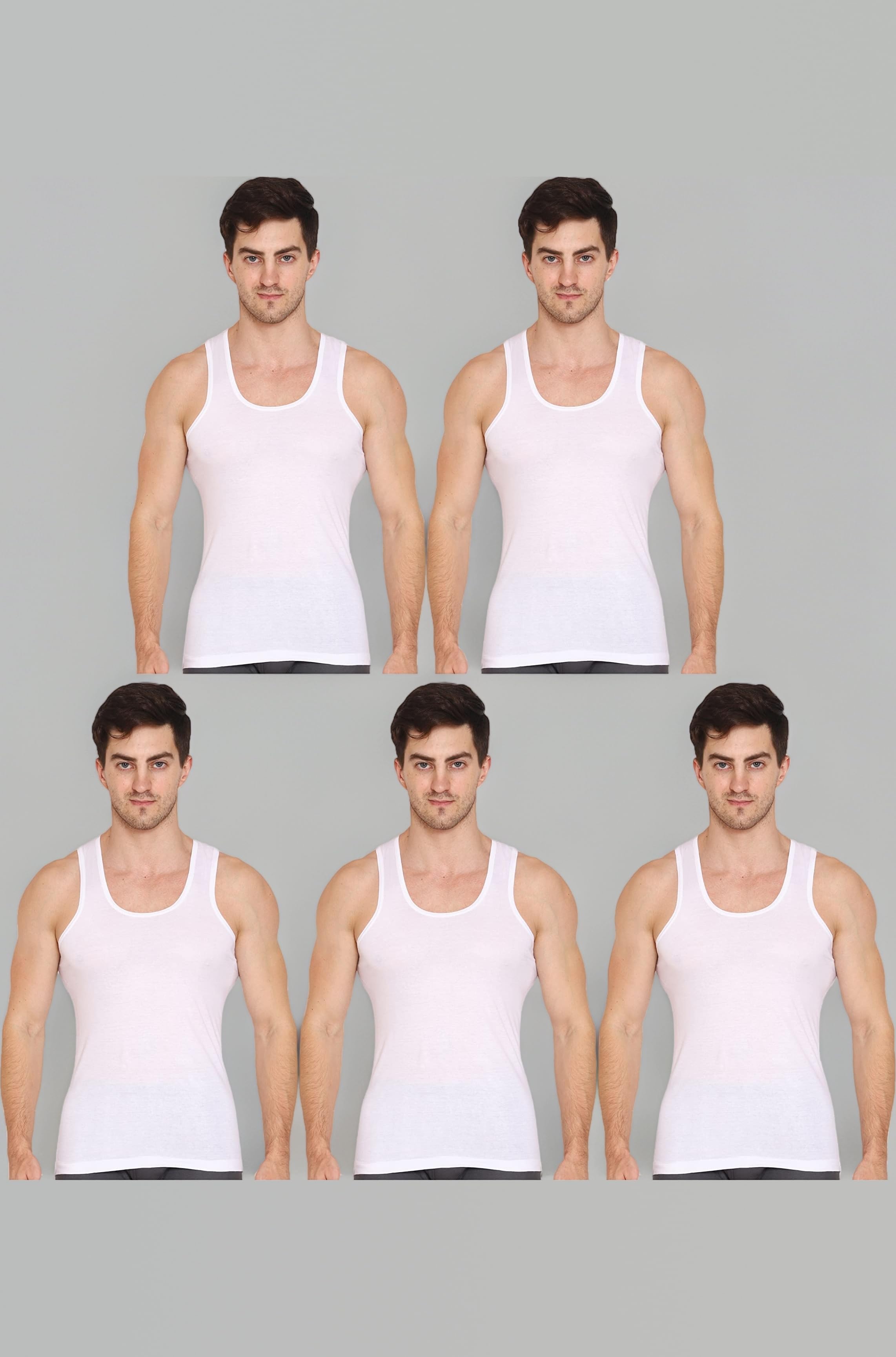 - Men's Sleeveless Round Neck Cotton Vest | Retro Style | Slim Fit | Breathable and Comfortable Innerwear | Soft Itch-Free Innerwear Baniyan | Easy Tuck Design (Pack of 5) (White)
