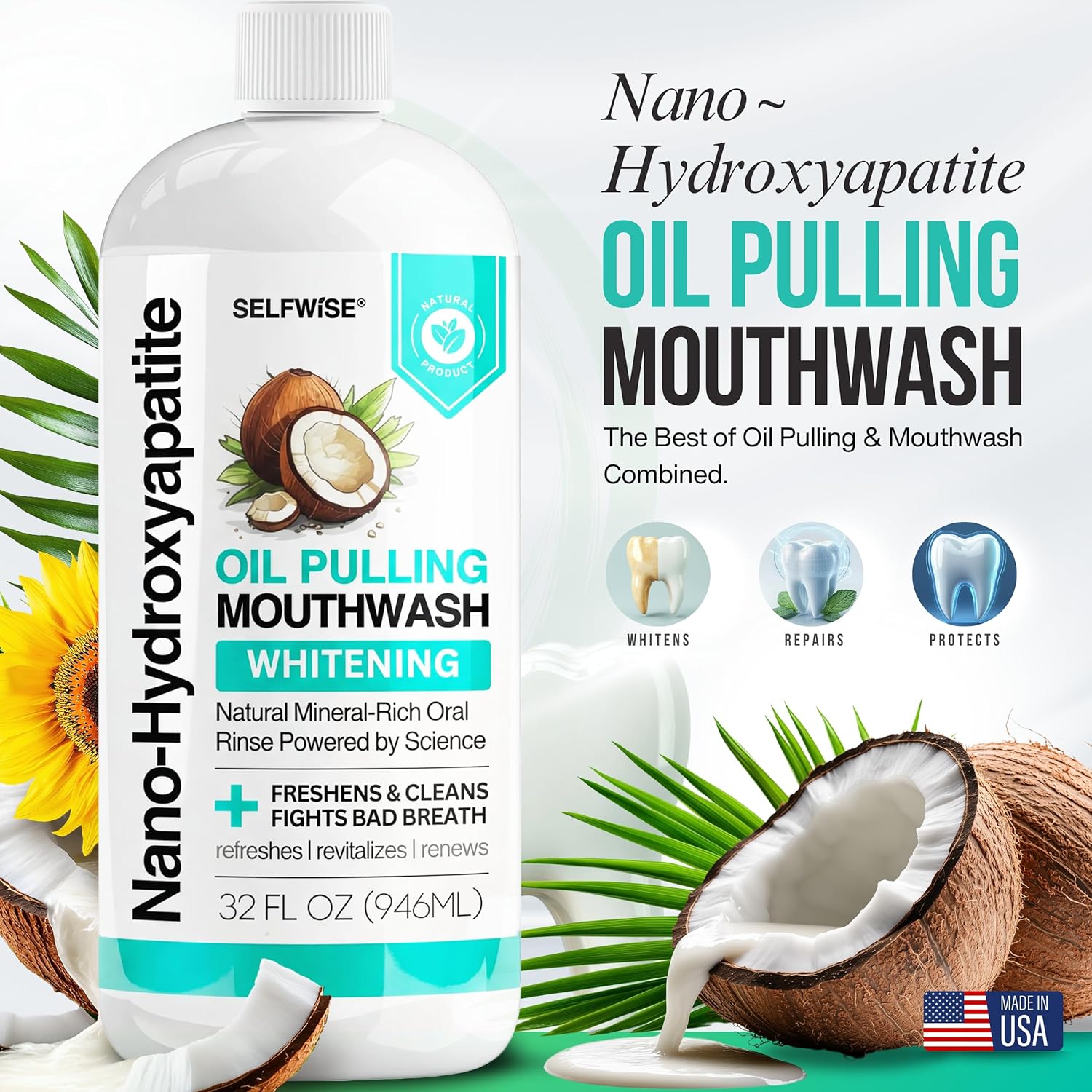 Nano-Hydroxyapatite Oil Pulling Whitening Mouthwash for Teeth and Gums, Natural & Organic, Whitens Teeth, Strengthens Enamel, Fights Bad Breath & Plaque - Smooth & Non-Greasy - for Adults - 32oz