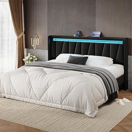Miniatura 12 de SHA CERLIN Base de cama de tamaño matrimonial con estación de carga y luces LED, cama moderna de plataforma de terciopelo con cabecera tapizada