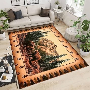 Western Area Rug, 60x90cm, Rural Woodland Forest Natural Indoor Large Carpet, Mountain and River Wild Animal Bear Rugs Floor Mat, Non-Slip Easy to Clean Rugs for Living Room Bedroom Dormitory