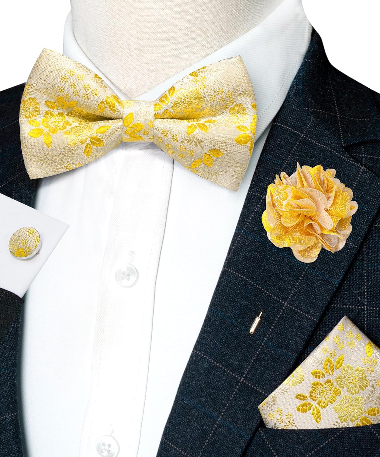 JEMYGINS Floral Pre-tied Bow Tie and Pocket Square Cufflinks Lapel Pin Sets for Men 4PCS - Image 2