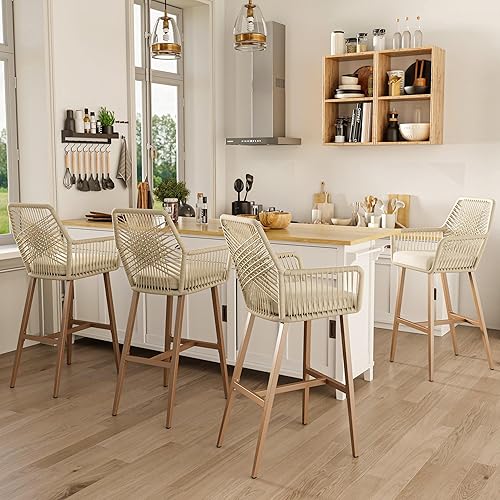 30'' Outdoor Counter Height Bar Stools Set of 4, Rattan Bar stools Boho Woven Patio Bar Stools with Backrest and Aluminum Legs, Modern Outdoor Patio Garden Pool Bar Chairs（Begie）