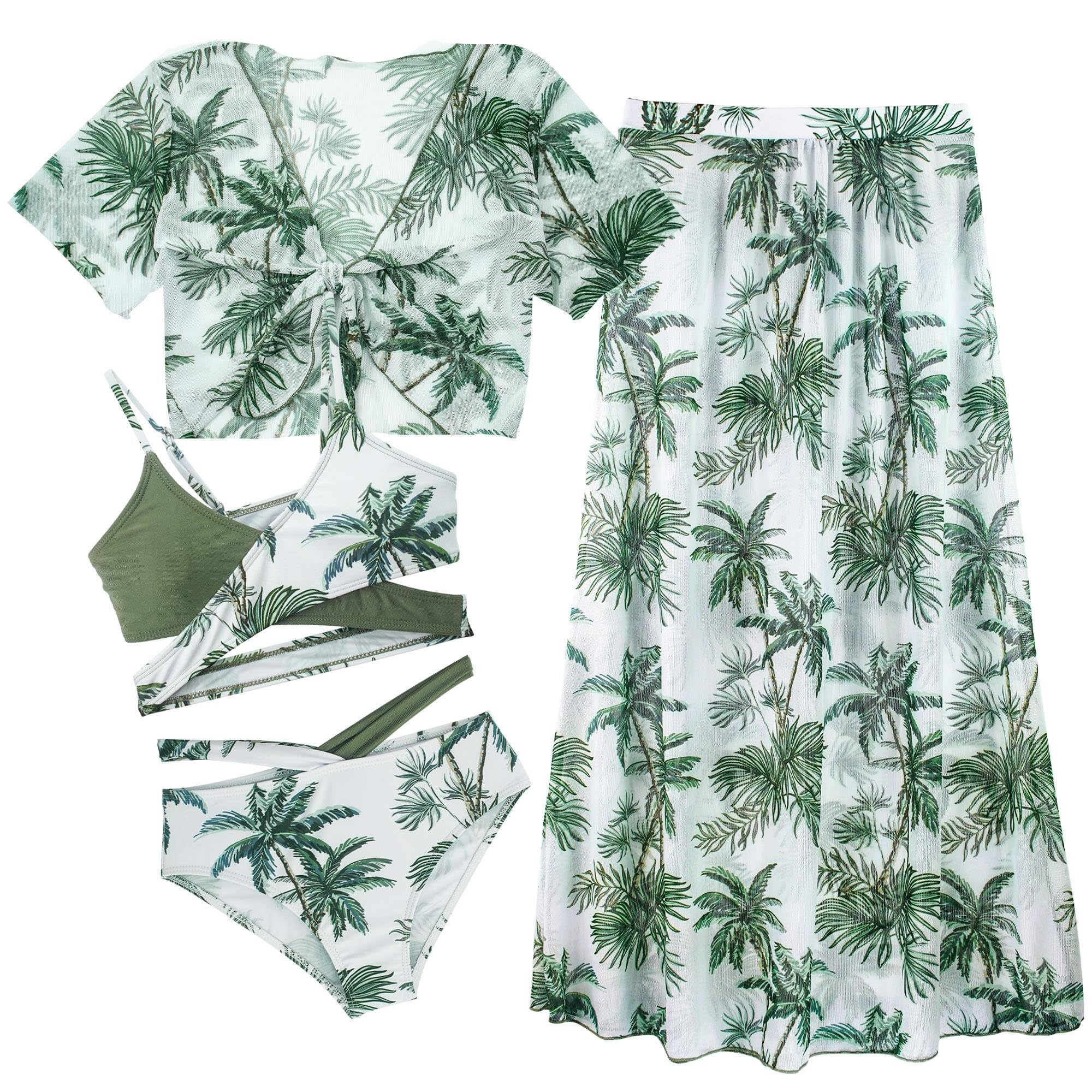 Maeau Bikini Bañador 4 Piezas Niña Estampado Tropical Protección UV Cover-up Top Manga Corta et Falda Larga Traje de Baño de Playa 8-12 años