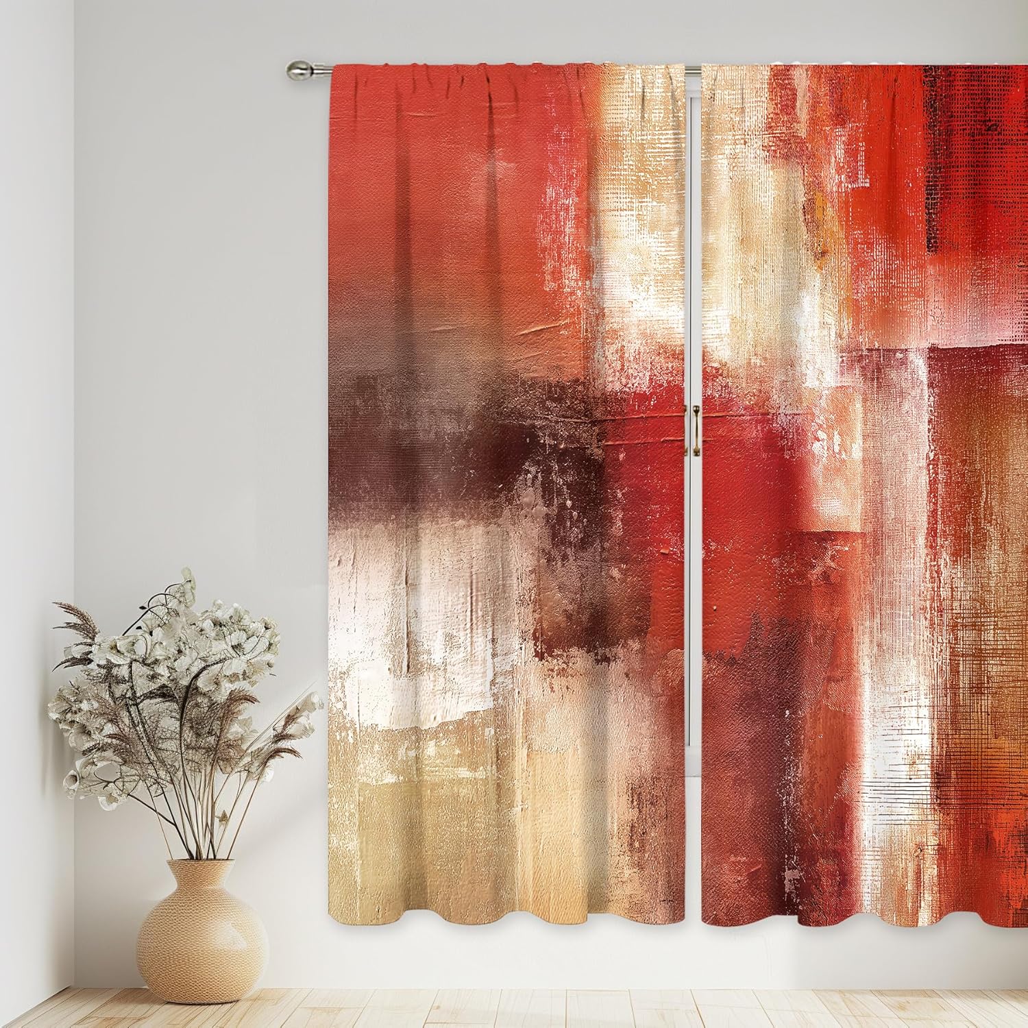MESHELLY Red Curtains 52Wx84H Inch Rod Pocket Abstract Rustic Vintage Burgundy Brown Modern Oil Painting Bedroom Window Drapes Contemporary Women Art Aesthetic Printed Living Room Window Treatment