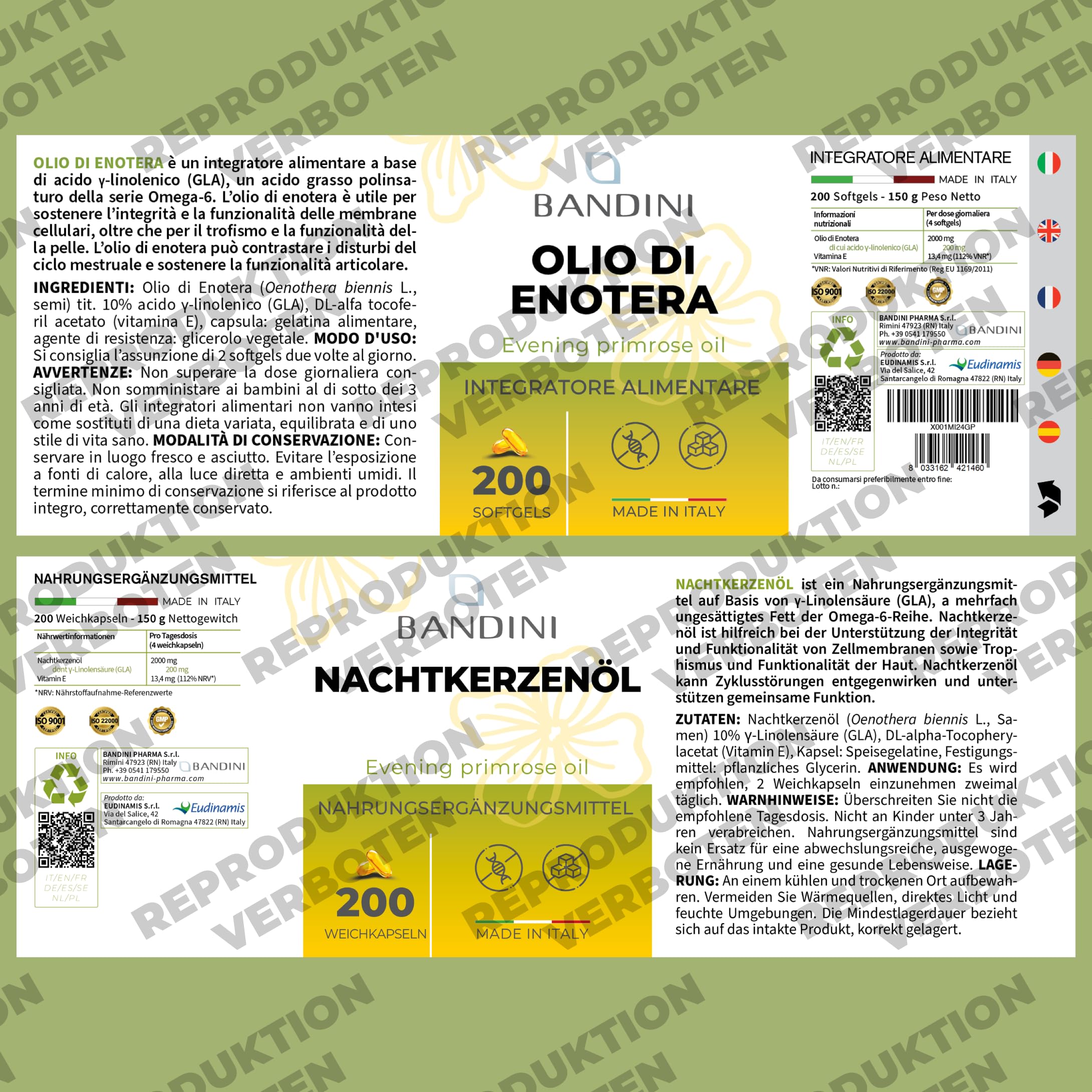 Bandini® Nachtkerzenöl | 200 Weichkapseln (2000mg pro Tagesdosis) | 10% Gla + Vitamin E | Antioxidans | Vitamin E Gamma-Linolensäure GLA - kaltgepresst | 4 Weichkapseln/Tag für 50 Tage Versorgung