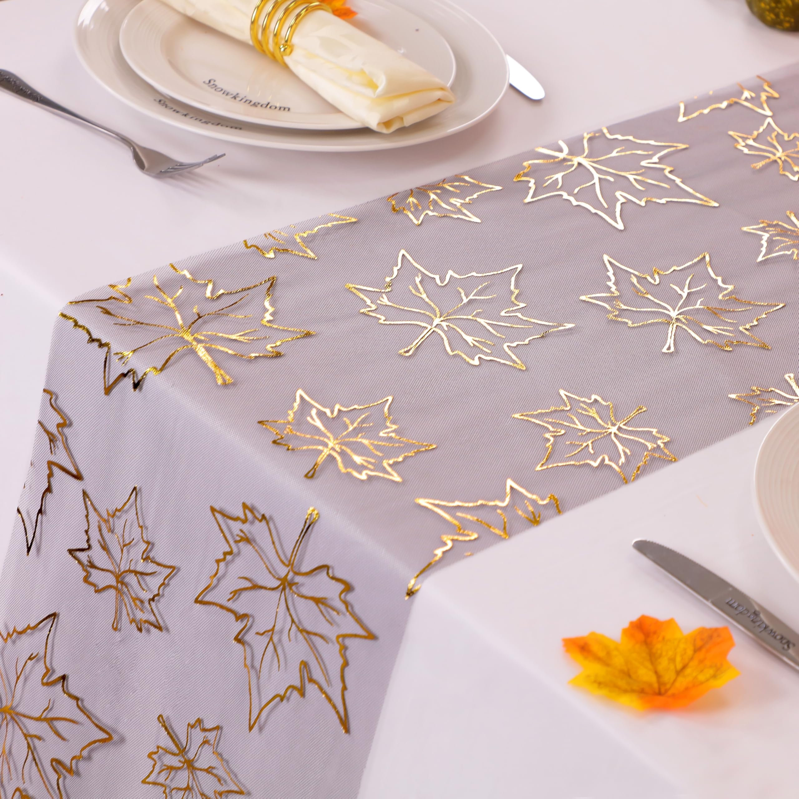 Snowkingdom Fall Table Runners, Gold Maple Leaves Thanksgiving Table Decorations for Autumn Harvest Sequin Glitter Lightweight Black Thin Mesh Sparkle
