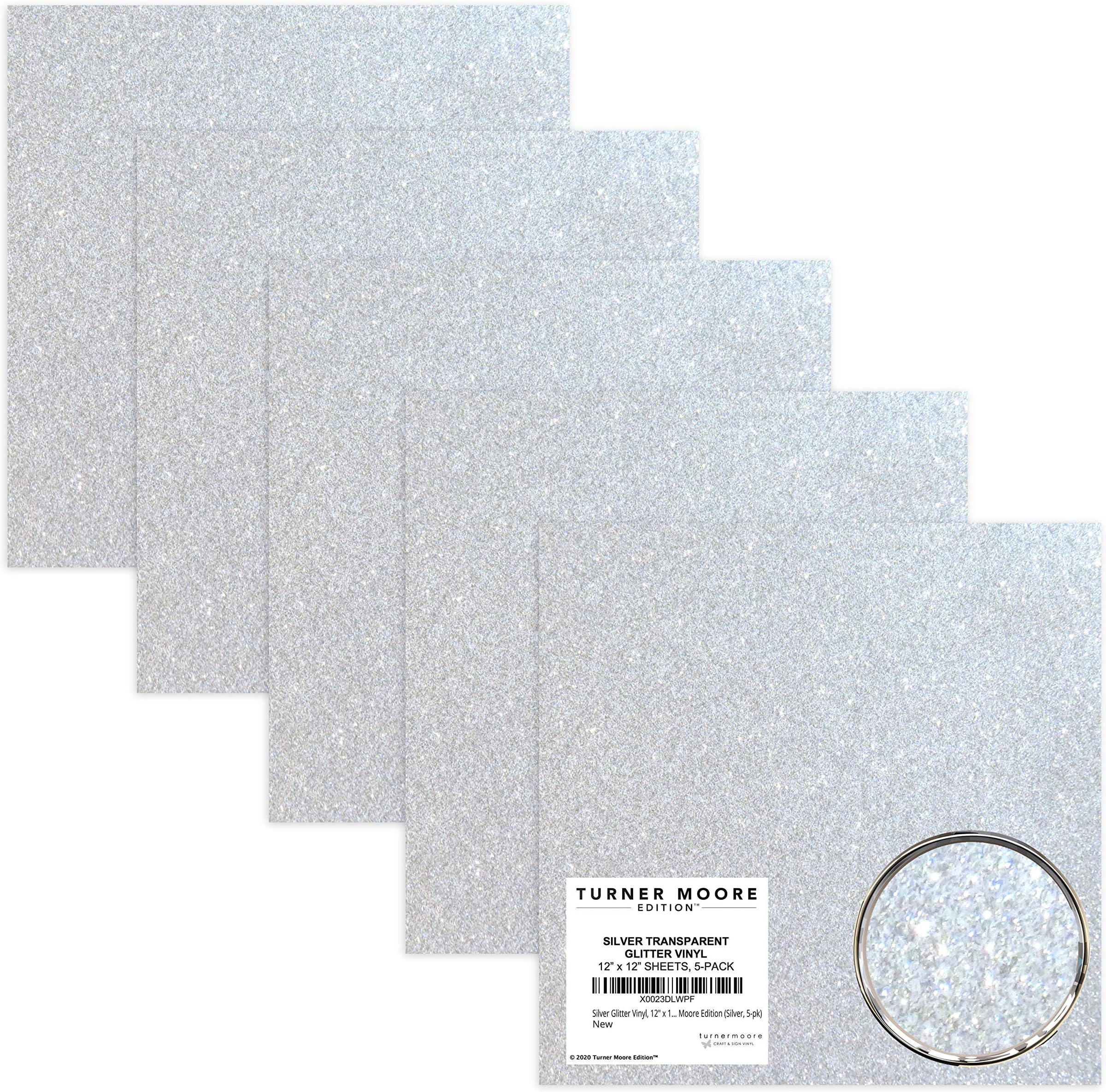 Turner Moore Edition Silver Glitter Vinyl Adhesive 12x12, 5-Pack Transparent Glitter Vinyl Sheets for Cricut, Crafts, Scrapbooking, Stickers, Decals for Bottles and Tumblers