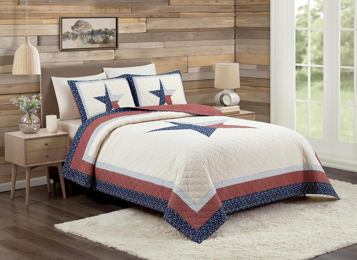 Lone Star 3-Piece 100% Cotton Quilt and Pillow Sham Set, Americana Vintage-Inspired Coverlet Quilt Set - Full Queen Size, Red/Blue/Cream
