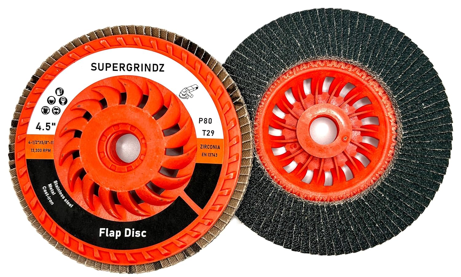 SuperGrindz 10 Pack 4-1/2" x 5/8"-11 80 Grit Bevel Type 29 High-Density Zirconia Trimmable Flap Discs for 4.5" & 5" Grinders, 5/8”-11 Fast Change Hub, Sanding, Finishing, Stock & Rust Removal