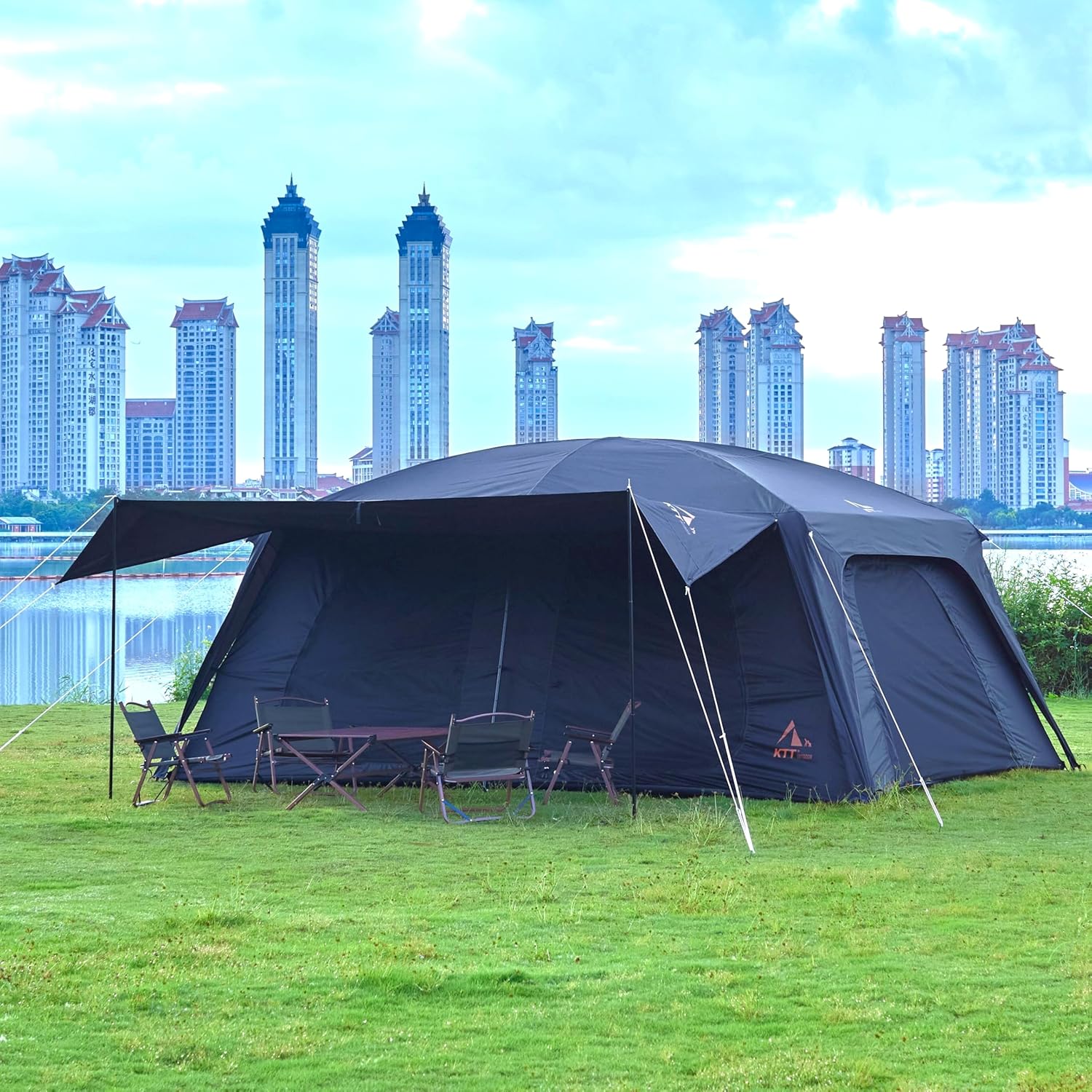KTT Extra Large Tent 12-14 Person,Family Cabin Tents,2 Rooms,Straight Wall,2 Doors 4 Windows with Mesh,Waterproof,Straight Wall,Big Tent for Outdoor,Picnic,Camping,Gathering(Brown)