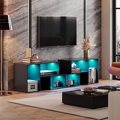 Miniatura 3 de WLIVE Soporte de TV, moderno soporte de televisión deformable con tiras LED, centro de entretenimiento con estantes abiertos, consola de TV