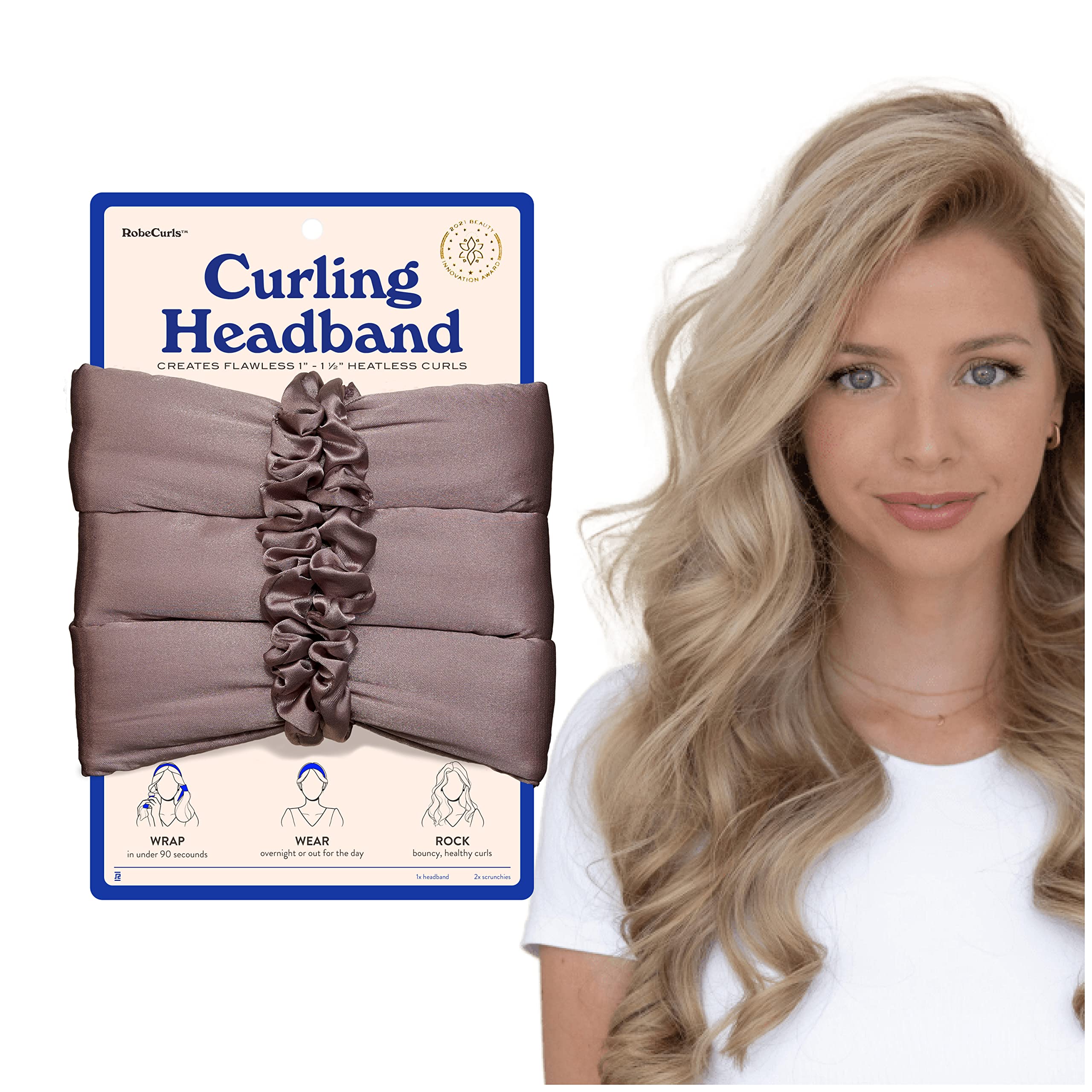 RobeCurls Satin Heatless Hair Curler Set — The Original Curling Headband — Heatless Curling Rod Headband Hair Accessories For Women — Includes 2 Scrunchies (Mauve)