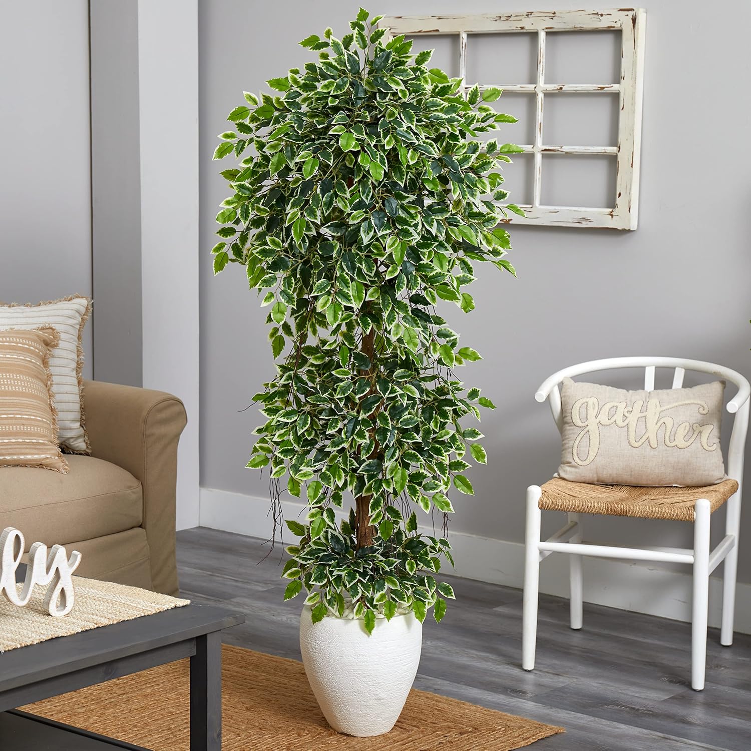 Nearly Natural 5.5ft. Elegant Ficus Artificial Tree in White Planter