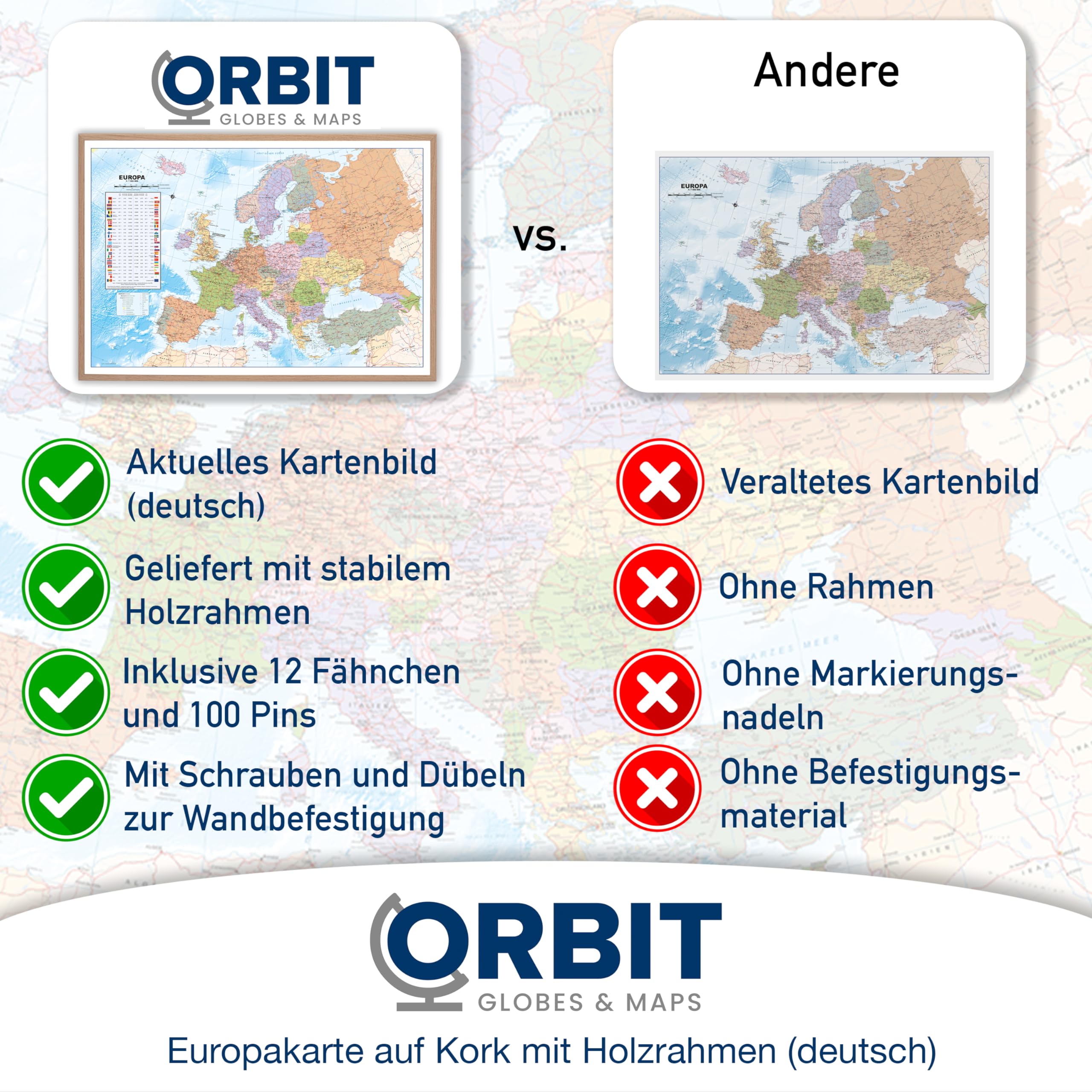 ORBIT GLOBES & MAPS - Politische Europakarte in deutsch, Pinnwand mit Holzrahmen, Aktuell 2025, 90x60 cm, deutsch, Maßstab 1:46 Mio mit Fähnchen und Pins sowie Befestigungsmaterial