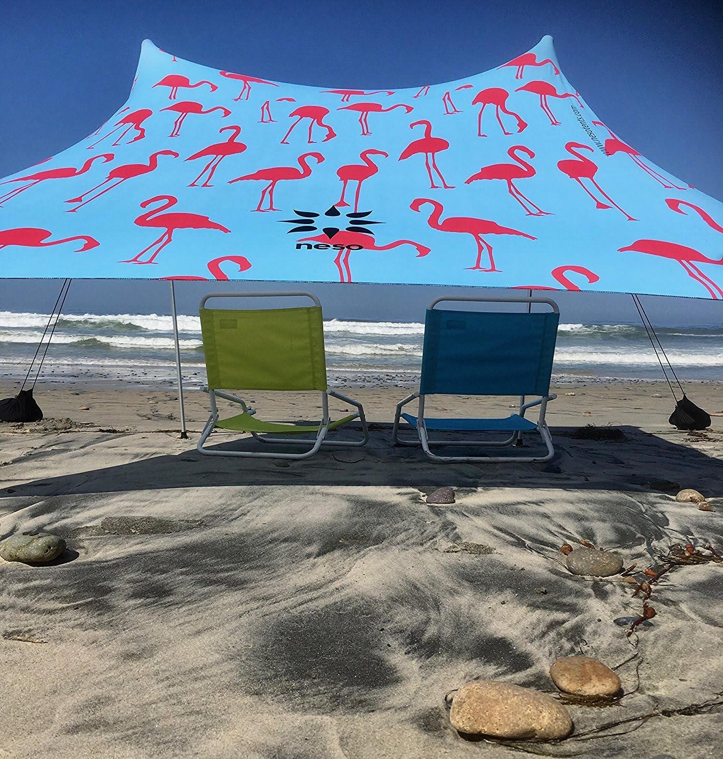 Portable Beach Tent Sun Shelter with Sand Anchor - Lightweight Beach Shade Canopy - Easy Setup for Family Outings - Patented Reinforced Corners - UPF 50+ Sun Protection - 7 x 7ft - Flamingos