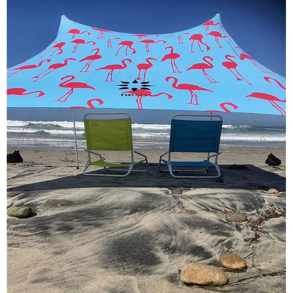 Neso Portable Beach Tent Sun Shelter with Sand Anchor - Lightweight Beach Shade Canopy - Easy Setup for Family Outings - Patented Reinforced Corners - UPF 50+ Sun Protection - 7 x 7ft - Flamingos